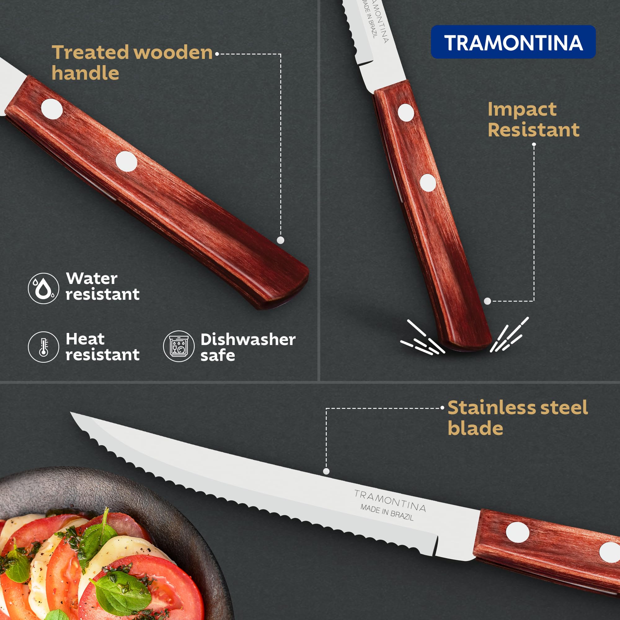 TRAMONTINA Polywood 10.1cm /4" Fruit Knife | Wavy/Serrated Edge | Treated Wooden Handle | Impact Resistant | Heat Resistant | Stainless Steel Blade Kitchen Knife for Fruits | 5 Year Warranty 1