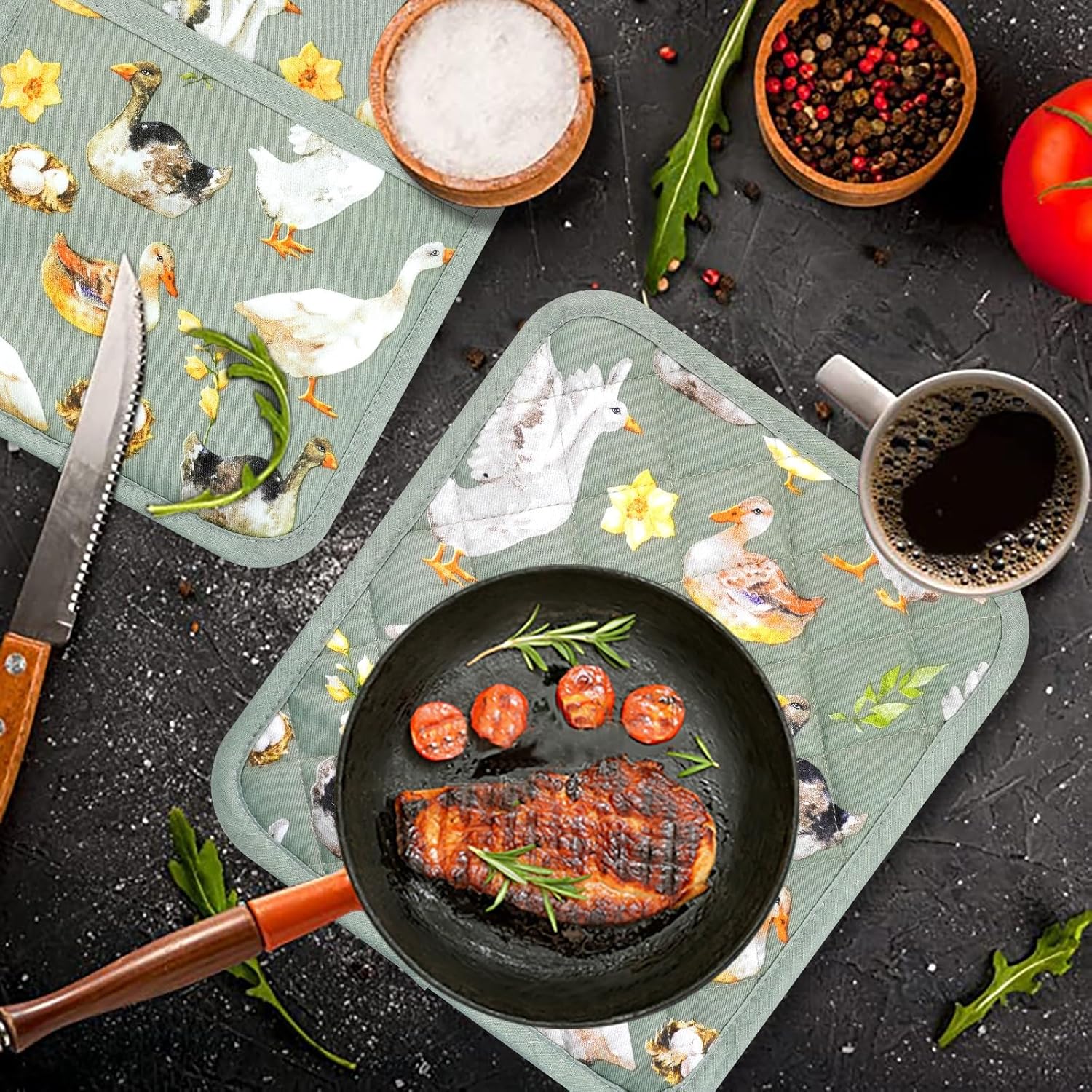 Pot Holders Set of 2 Heat Resistant 480℉ Kitchen 100% Cotton Comfortable Lining Printing Teal Flower Women Men Home Cooking Baking Microwave BBQ Gift (Teal potholders) - Image 7