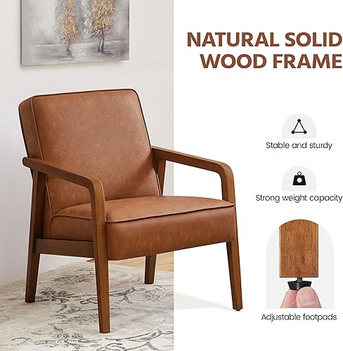 Miniatura 8 de Topeakmart Silla decorativa de piel sintética, sillón moderno y de mediados de siglo con patas de madera y acolchado suave para sala de estar,
