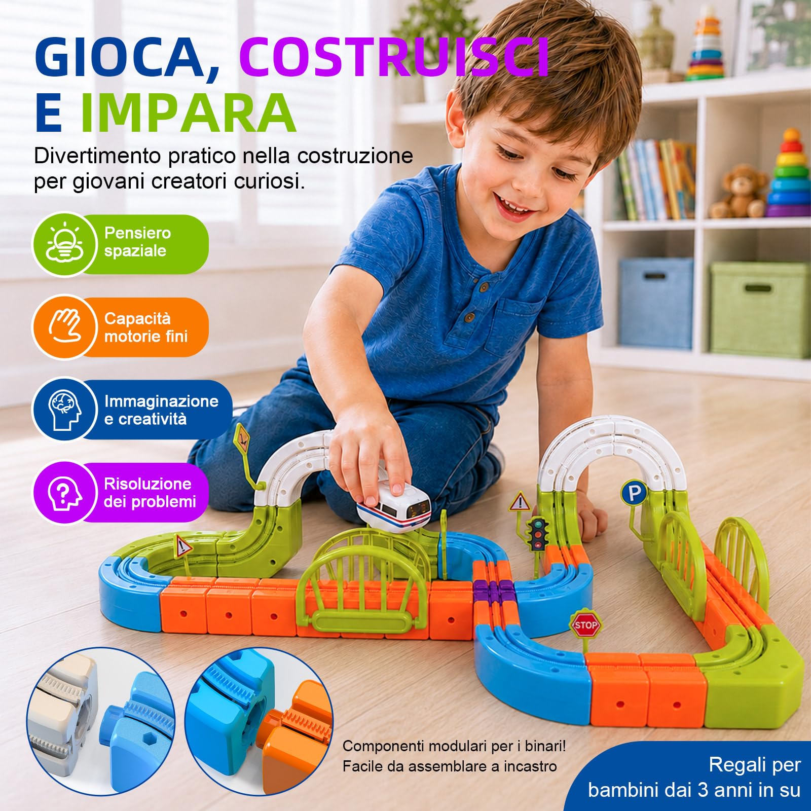 Pista ferroviaria elettrica a cubi da 145 pezzi, set trenino 3D antigravità, gioco fai da te per costruire percorsi, giocattolo educativo STEM e idea regalo creativa per bambini da 3 a 8 anni