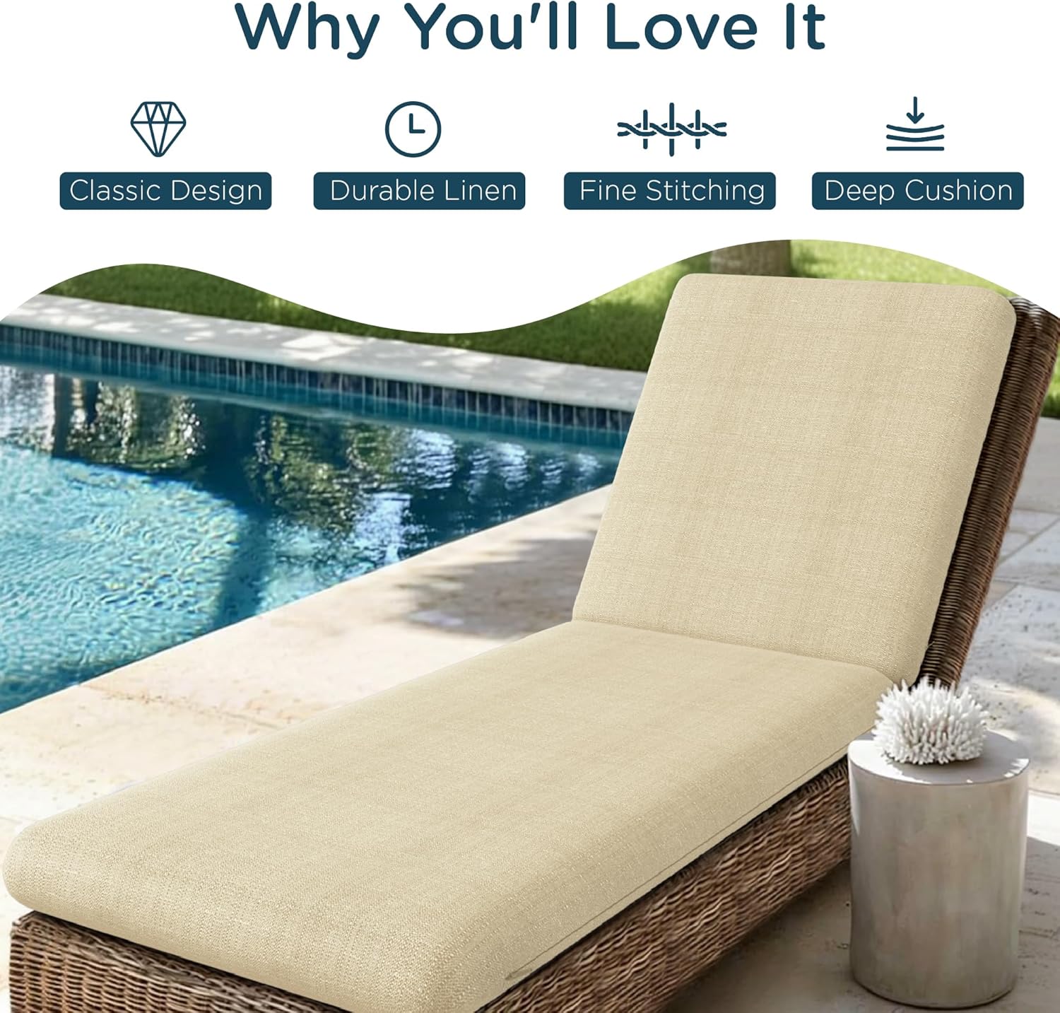 Codi Outdoor Chaise Lounge Chair Cushions 72"x22.5"x3.5" – Linen Texture, Fade Resistant, Waterproof, Removable Cover, Thick Soft Padding for Patio Furniture & Pool Relaxation, Beige