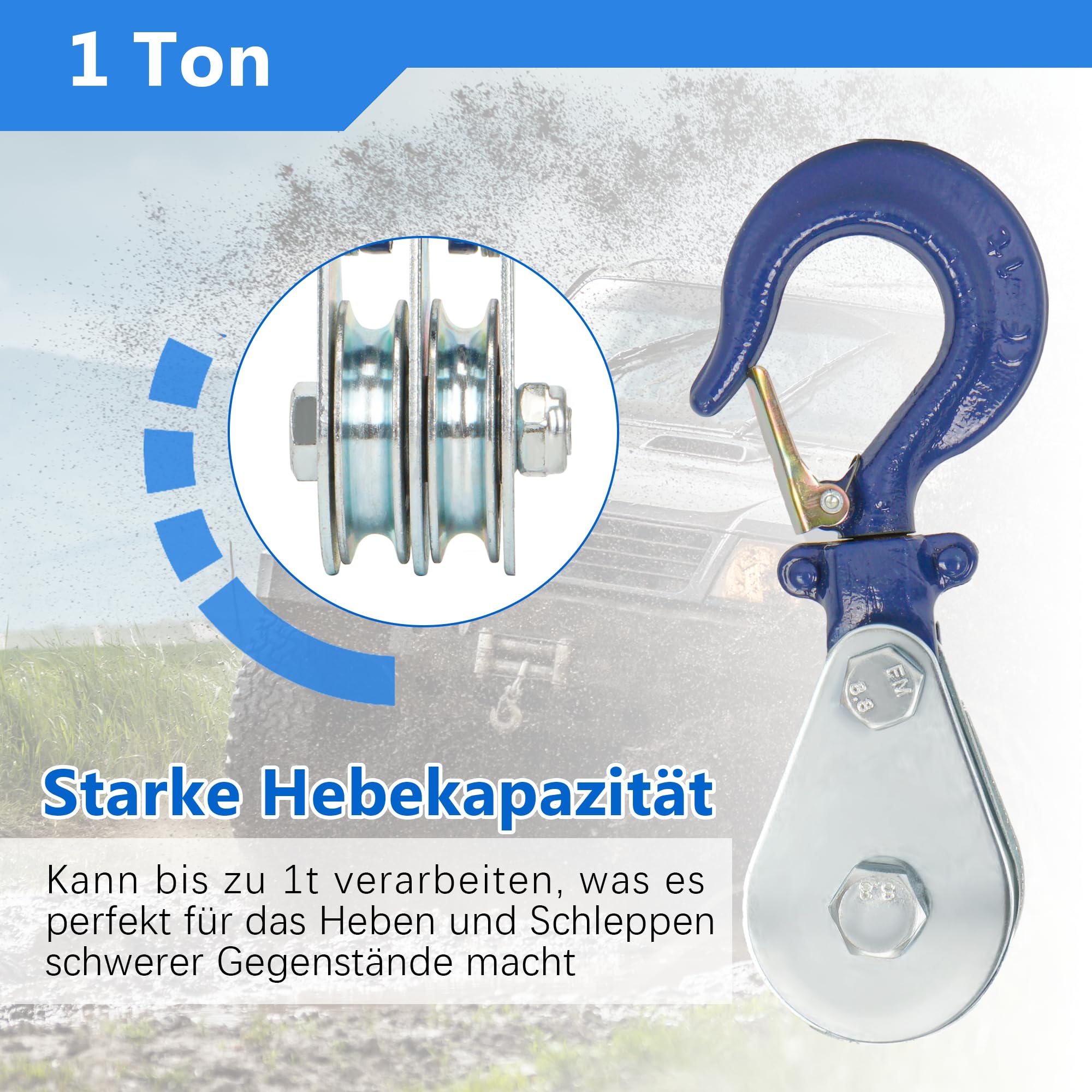bimiti 2 Stück 2 Ton Umlenkrolle mit Kugellager und Haken, Doppelte Kugellager Umlenkrollen für Seile Schwerlast Flaschenzügen mit Sicherheitshaken für Drahtseil Seilwinde Schäkel