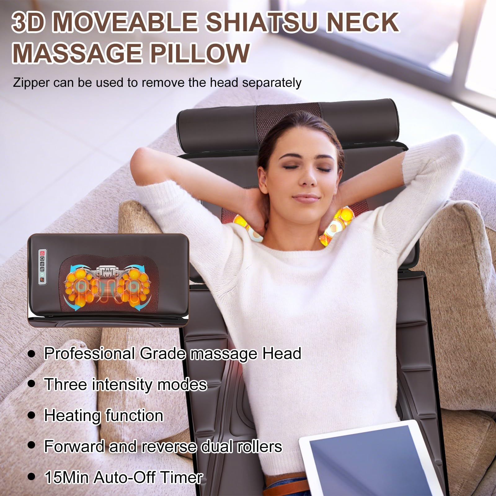 Ganzkörper-Massagematte mit Wärme und beweglichem Shiatsu-Nacken- und Rückenmassagegerät, Massage-Matratzenauflage mit Kopfkissen und Lendenwirbelstütze, 12 Vibrationsmotoren, 9 Massagemodi und 2