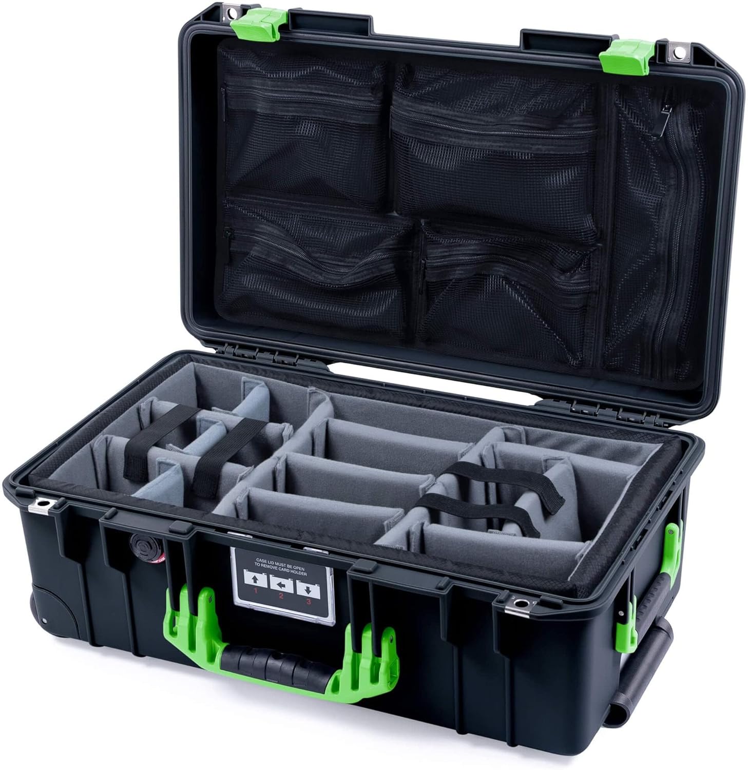 Pelican Color Case Black Pelican 1535 case, with Lime Green Handles & latches. Comes with Grey Padded dividers & lid Organizer.