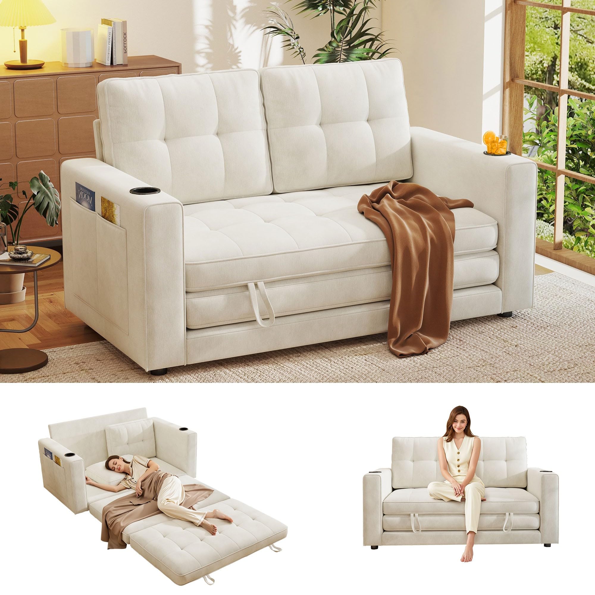55" Convertible Folding Sofa Bed, Pull Out Couch Love Seat Sleeper Bed, Small Fold Out Loveseat sleeper with Cup Holder and Pillow for Small Space, Bedroom Lounge, Dorm, Living Room(Beige Chenille)