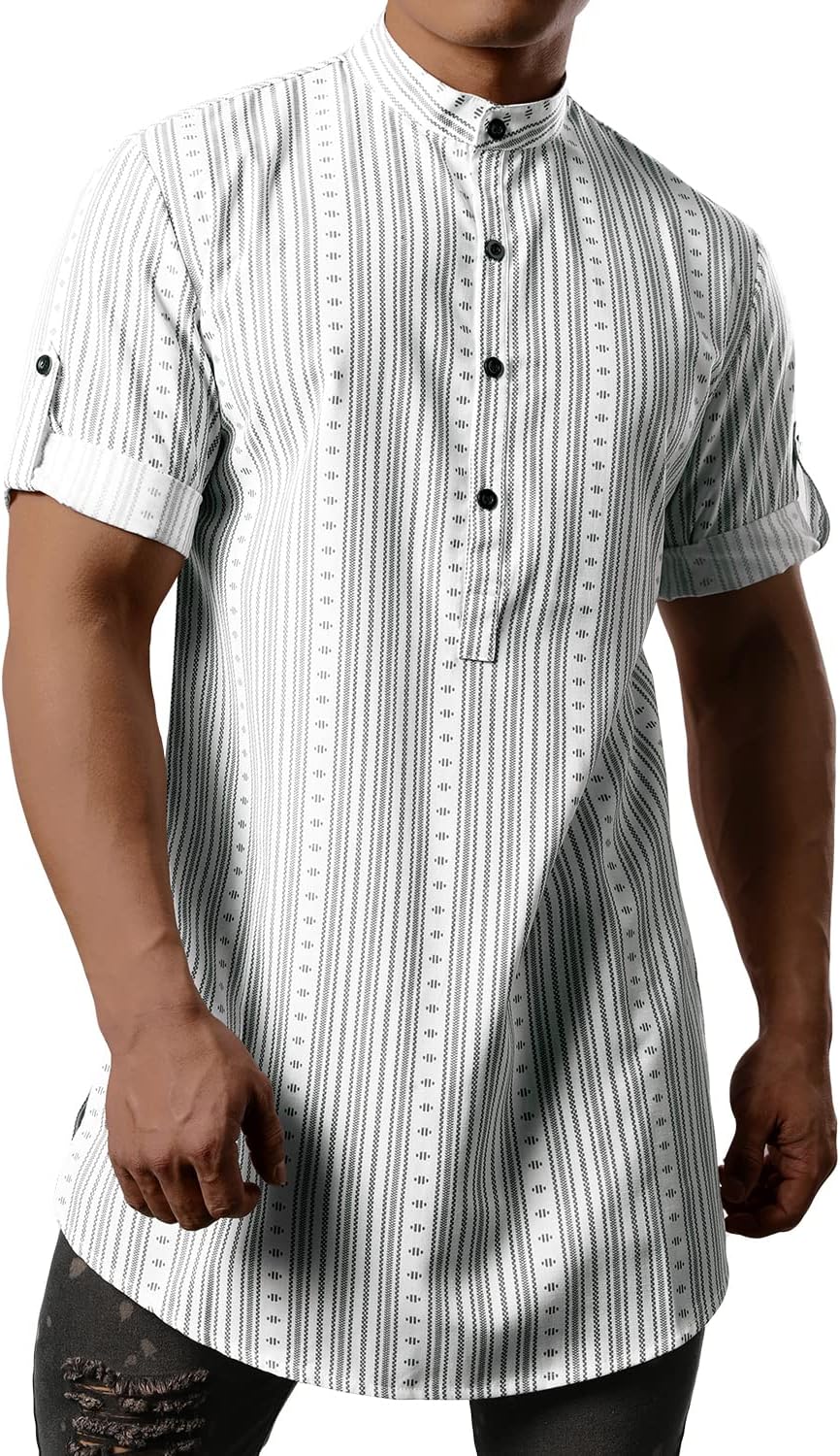 JOGAL Mens Striped Henley Shirt Short Sleeve Traditional African Style Dashiki Shirts