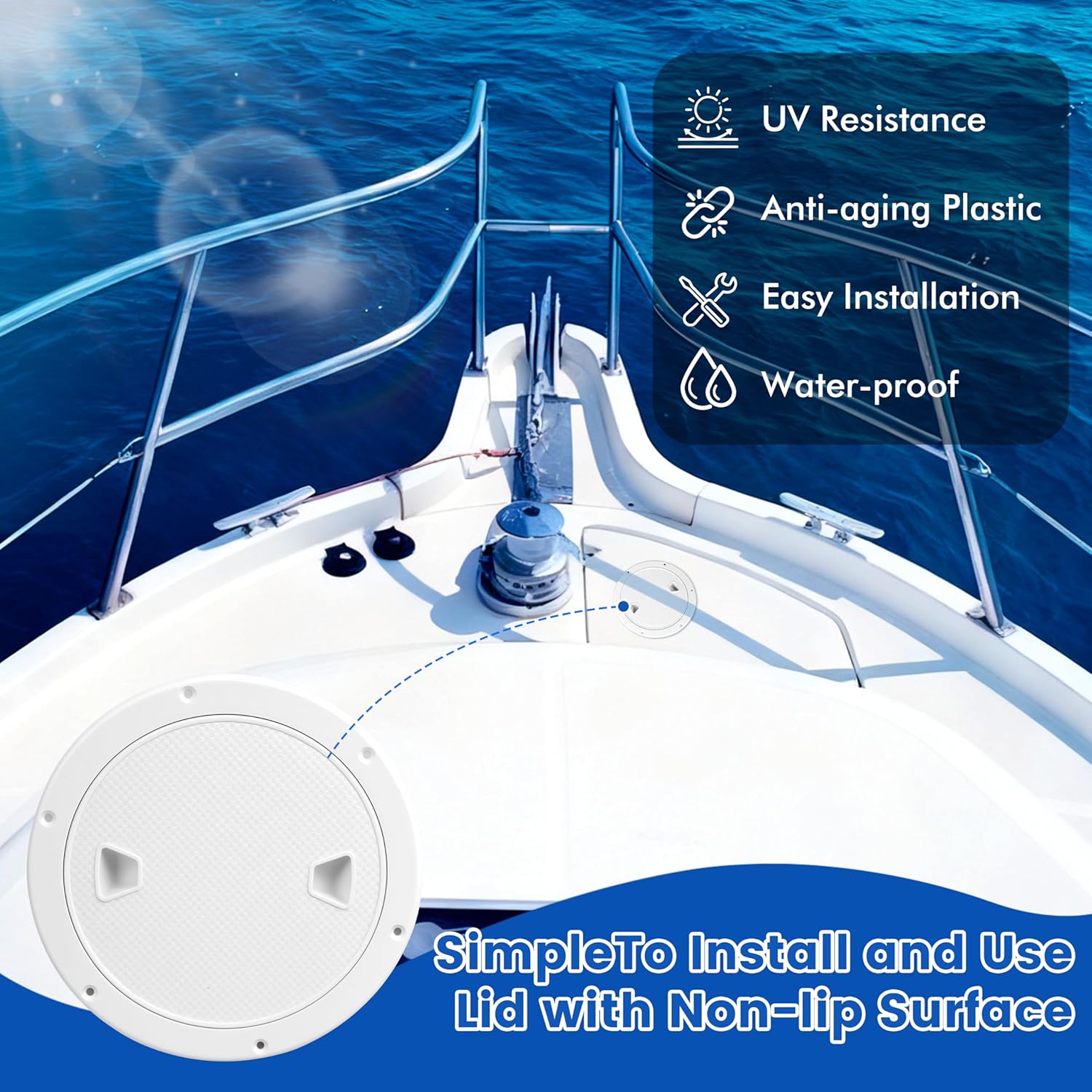 4"/6"/8" Boat Round Deck Plate Inspection Hatch，Deck Plates for Boats，Non-Slip Boat Hatch, Suitable for Ships, RV, Outdoor Facilities, ABS White Plastic, Attached 316 Stainless Steel Screw