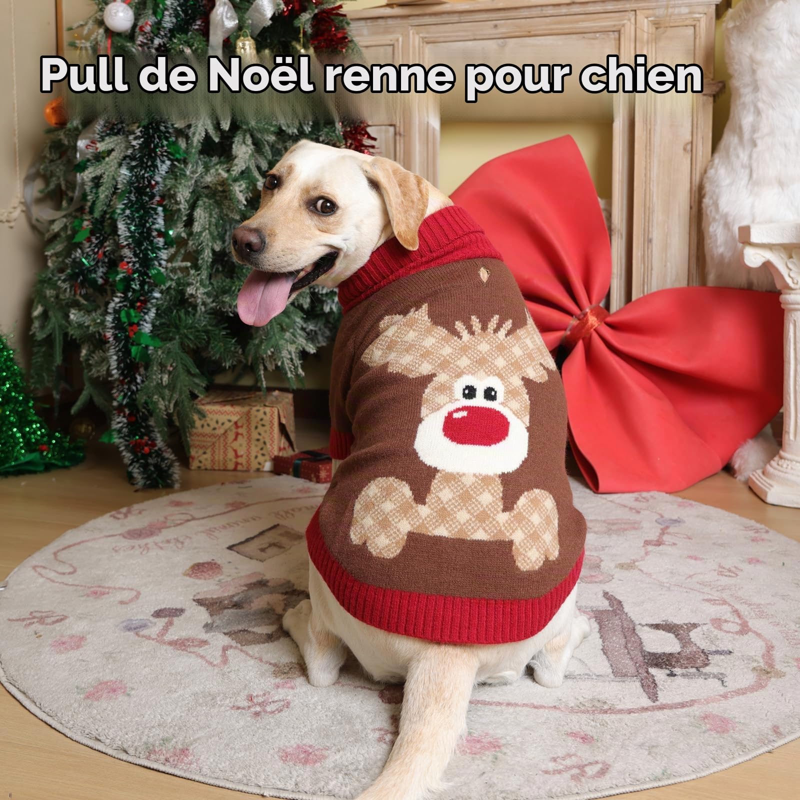 Pull Noel Chien, Sweat Chaud avec Motif Renne Pull Over Hiver Col Roulé avec Ouverture pour Laisse, pour Cocker, Westie, Shiba Inu, Marron XL