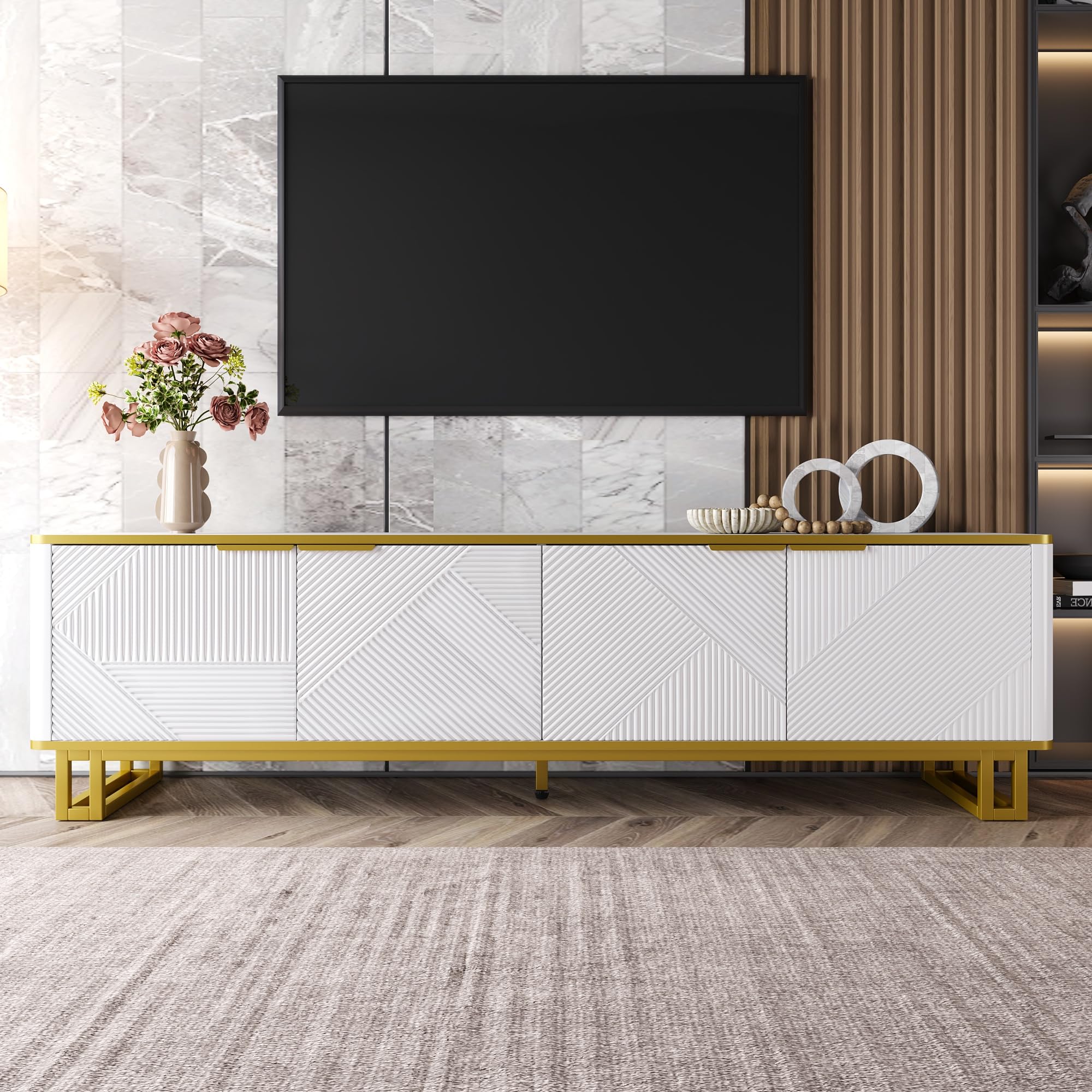 Merax 160cm TV Stand for 70 inch TVs, Modern White & Gold TV Cabinet with 4 Doors, Lowboard Media Console Entertainment Centre with Geometric 3D Texture, Metal Legs, Cable Management for Living Room
