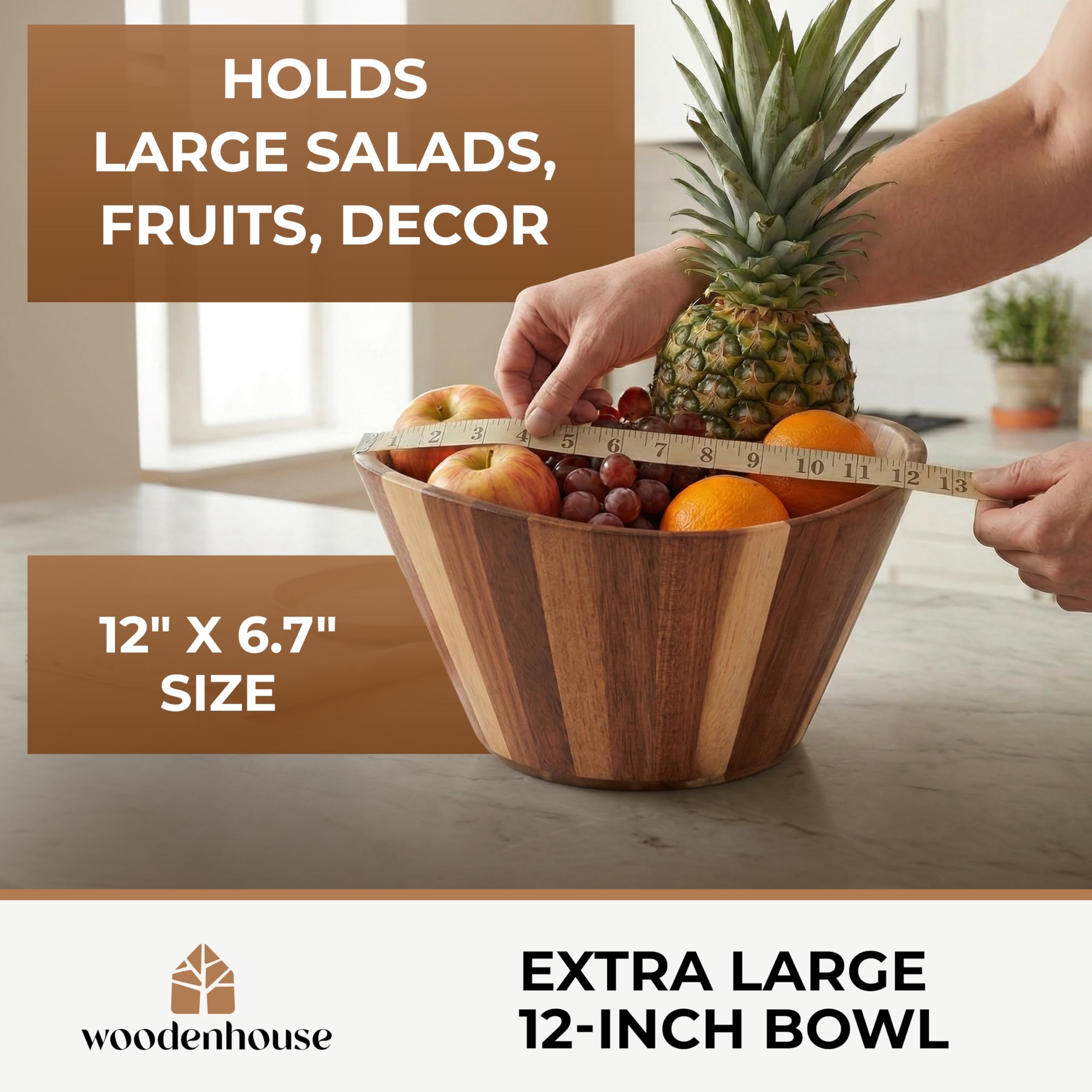 Ensaladera de madera extragrande – Cuencos de madera multiusos de acacia de 12 pulgadas, cuencos decorativos para decoración del hogar, almacenamiento, porción, hilo, diseño ondulado duradero hecho a