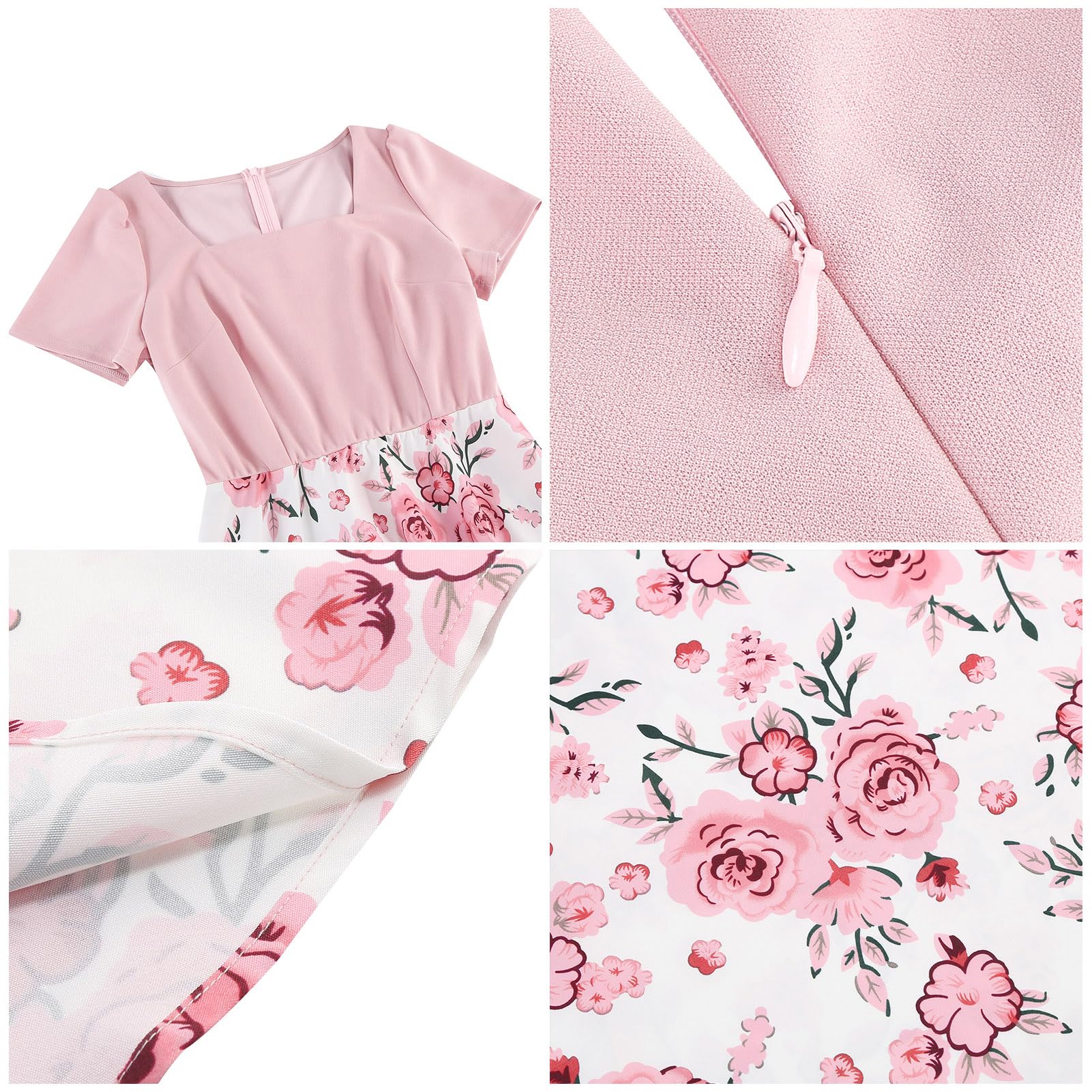 Robe de style années 50 pour femme - Style vintage - Manches courtes bouffantes - Col carré - Robe de cocktail avec ceinture