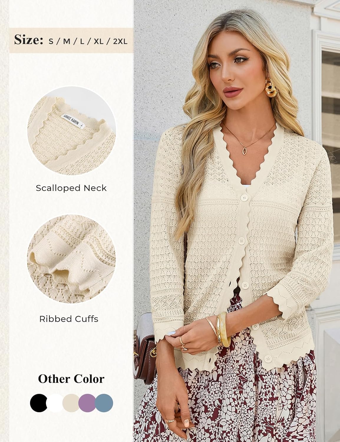 GRACE KARIN Women's 3/4 Sleeve Cardigan Lightweight Hollowed Crochet Shrug Trendy Summer Sweaters for Casual Vacation - Image 4