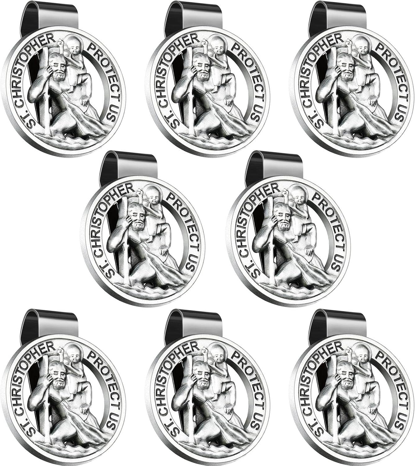 8 Pcs St Christopher Medal for Car Round Saint Christopher Visor Clip St Christopher Medal Clip Metal Saint Car Accessories Catholic Visor Bless Driving Safety Clip Religious Presents for Driver