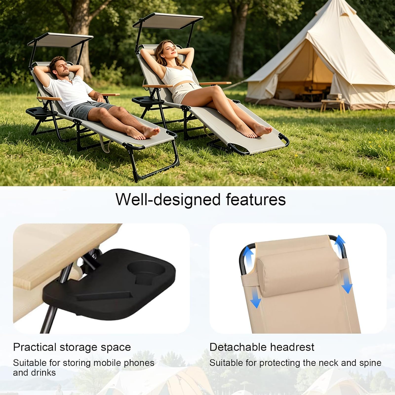 Gartenliege mit Sonnendach, Strandliege Klappbar Leicht, Sonnenliege Klappbar, Gartenliege Wetterfest, Verstellbare Campingliege für Garten, Balkon, Camping, Strand (Beige, Mit Sonnendach)
