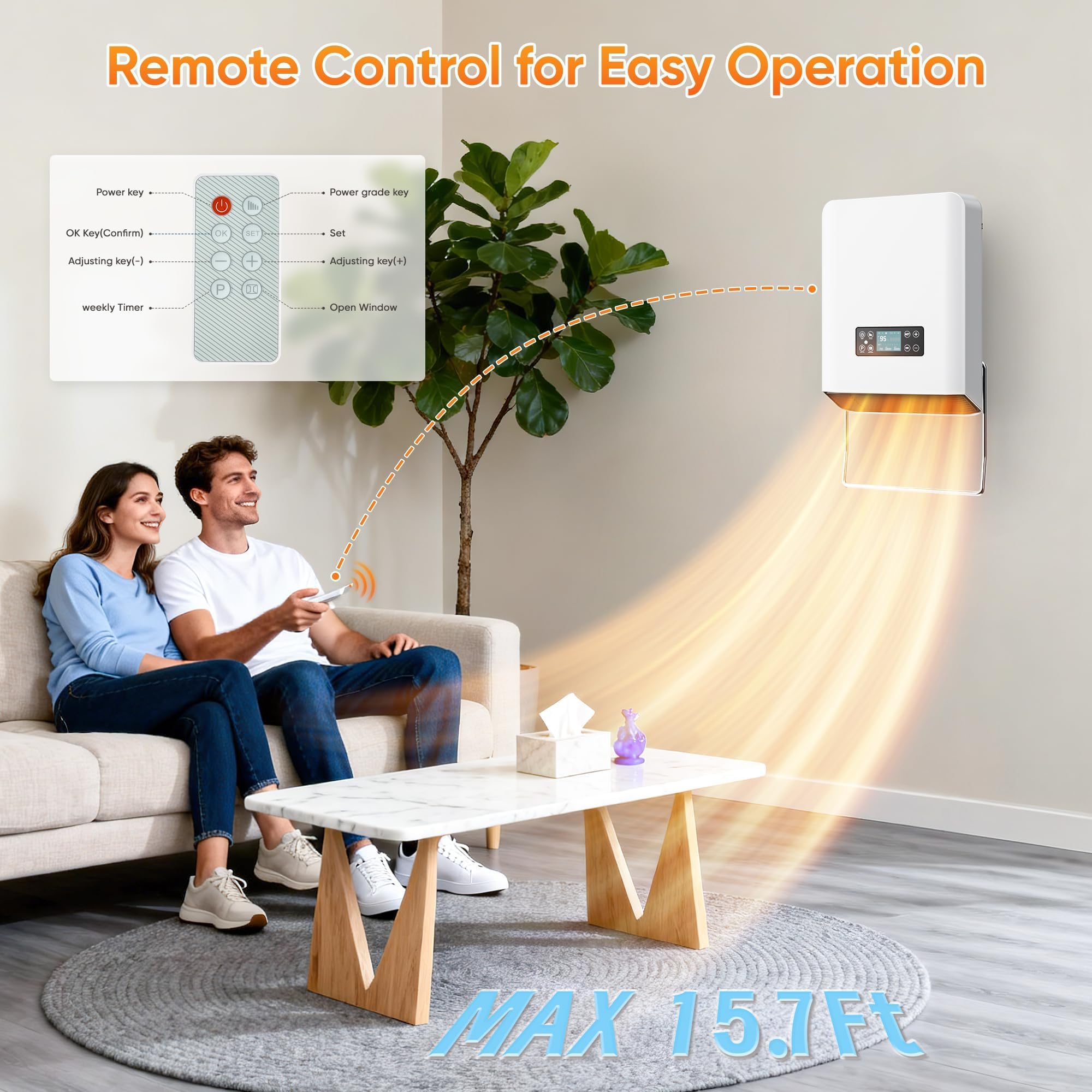 Calentador de pared, calefactores eléctricos PTC para uso en interiores, control remoto, termostato ajustable, calentador de fácil montaje para recámara, hogar, oficina, cochera, 1500 W