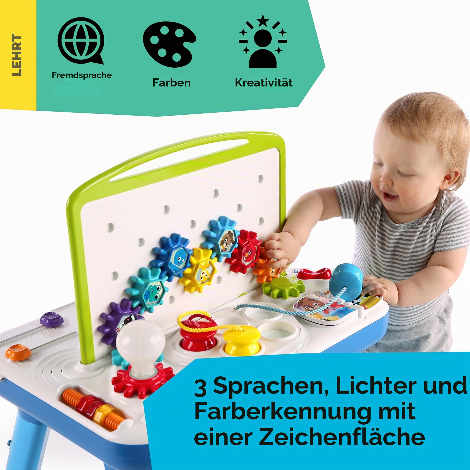 Baby Einstein, Curiosity Table Spieltisch mit 65 Melodien, abnehmbaren Füßen, Lichtern, Zahnrädern und vielem mehr