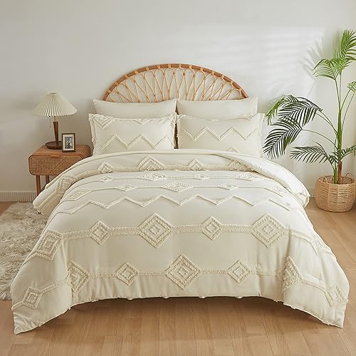 Juego de edredón de 7 piezas con diseño de bordado geométrico estilo bohemio estilo shabby chic de color sólido de lujo para todas las estaciones