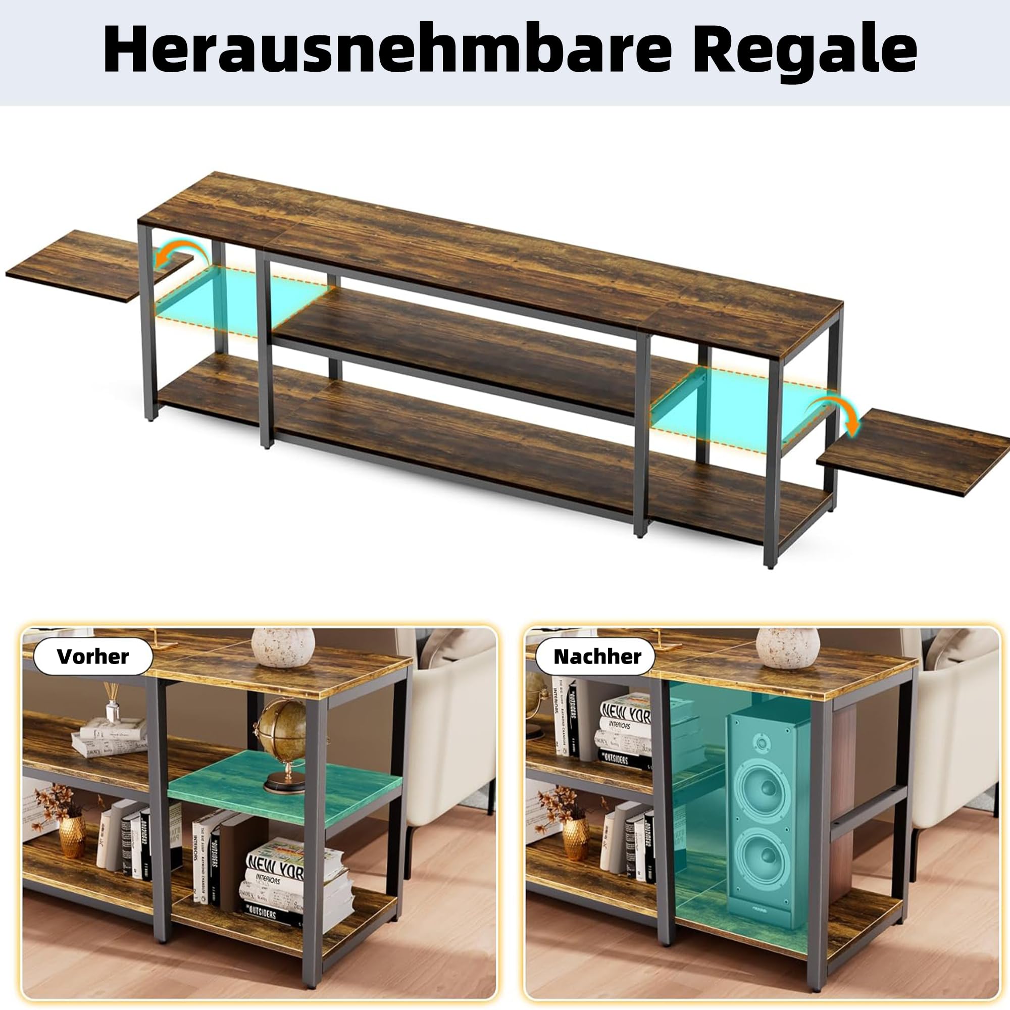 Aquzee Lowboard, 191 cm Lang TV Schrank, Großer Fernsehschrank für 60-85 Zoll TVs, Fernsehtisch TV Board, Holz und Metall, 3-stöckiger Stauraum Regal Cabinet für Wohnzimmer