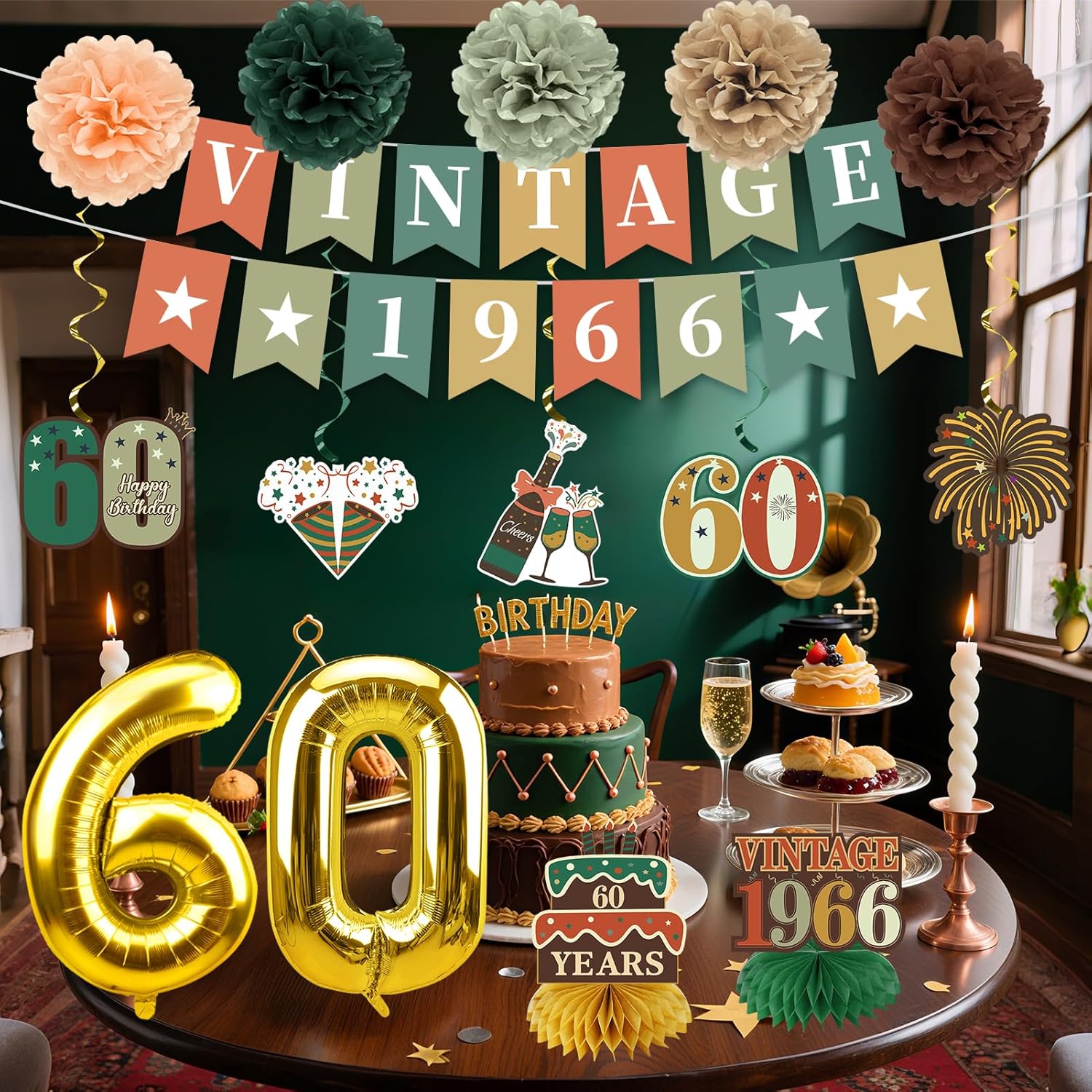 14Pcs 60th Birthday Decorations Kit for Men Women, Green Gold Happy 60th Birthday Banner and Foil Balloons, Vintage 1966 Bday Honeycomb Cenerpieces Swirls Paper Pompom Party Supplies - Image 4