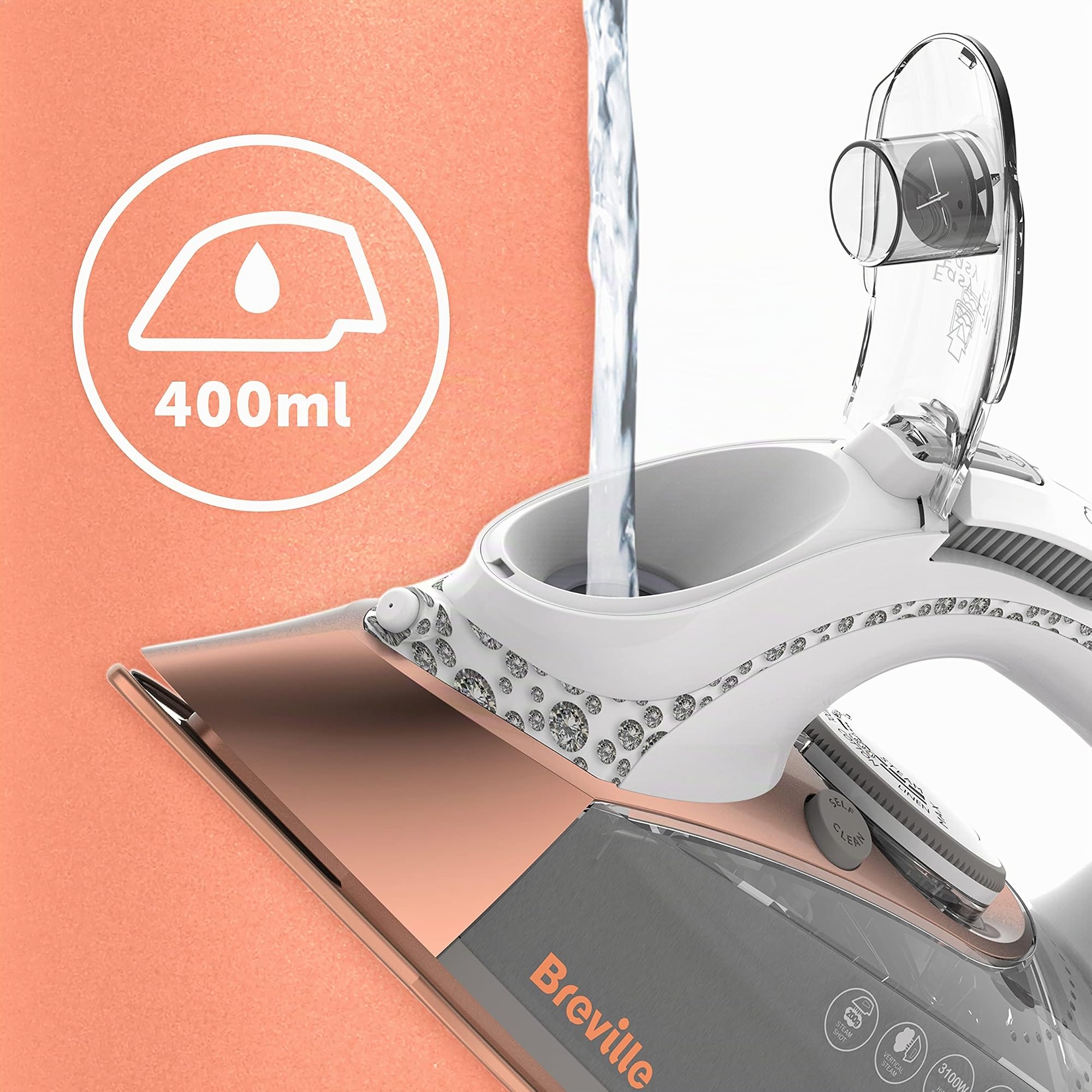 Breville plancha de vapor DiamondXpress | 2800 W | Suela de cerámica multidireccional de diamante | Depósito de agua de 400 ml | Blanco y oro rosa [VIN420X]