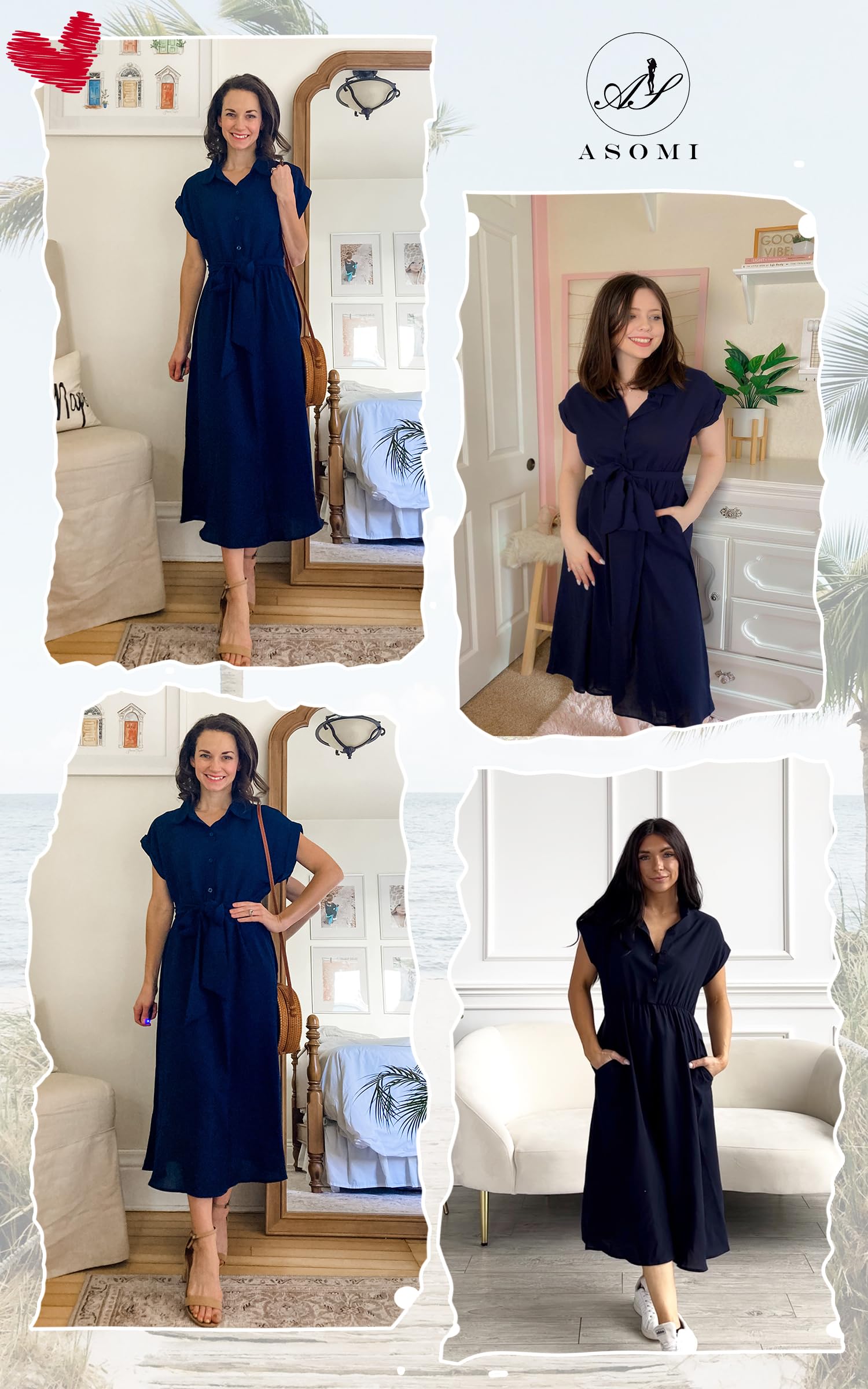 ASOMI Robe d'été pour femme, robe de cocktail, robe de plage, décontractée à manches courtes, col en V, robe midi avec ceinture, bouton de poche, bleu marine, S