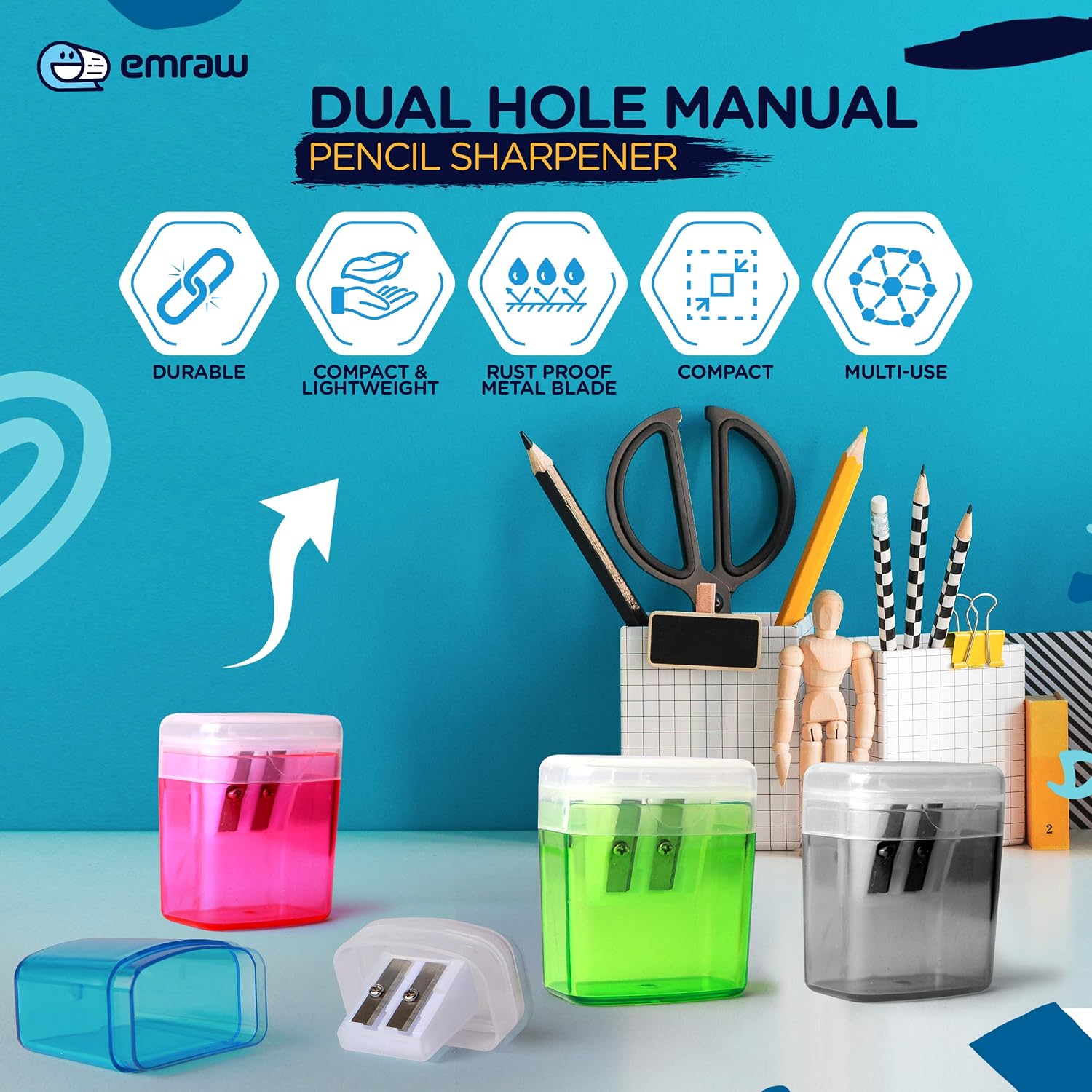Emraw Dual Hole Manual Pencil Sharpener with Lid & Rectangular Receptacle to Catch Shavings for Regular & Oversize Pencils/Crayons in Blue, Green, Pink & Black Great for School Home & Office – 12 Pack