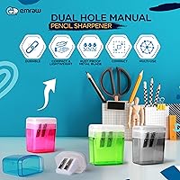 Vista 6 de Emraw Sacapuntas manual de doble agujero con tapa y receptáculo rectangular para atrapar virutas para lápices regulares y de gran tamaño en azul