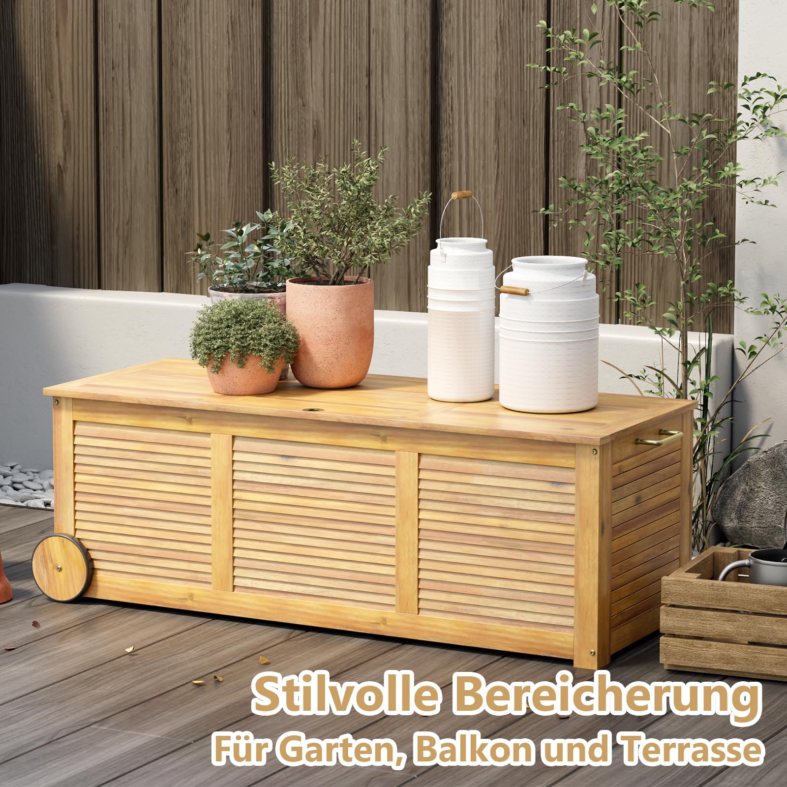 GIANTEX Gartenbox Holz Auflagenbox Gartentruhe Kissenbox Holzbox Garten | Wetterfest mit Abdeck- & Innenplane, Mobil mit Rollen & Griff, Aufbewahrungsbox Garten, Holztruhe Outdoor, für Gartenauflagen
