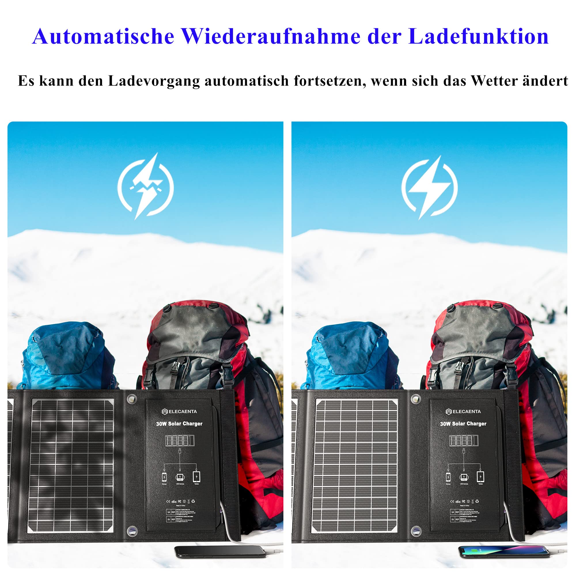 ELECAENTA 30W ETFE Przenośna Ładowarka Solarna 3 Porty USB PD18W QC3.0 USB-C Zamek Panel Słoneczny Przenośny Zestaw Paneli Słonecznych Wodoodporny dla Telefonów Komórkowych Smartfonów Tablet Powerbank
