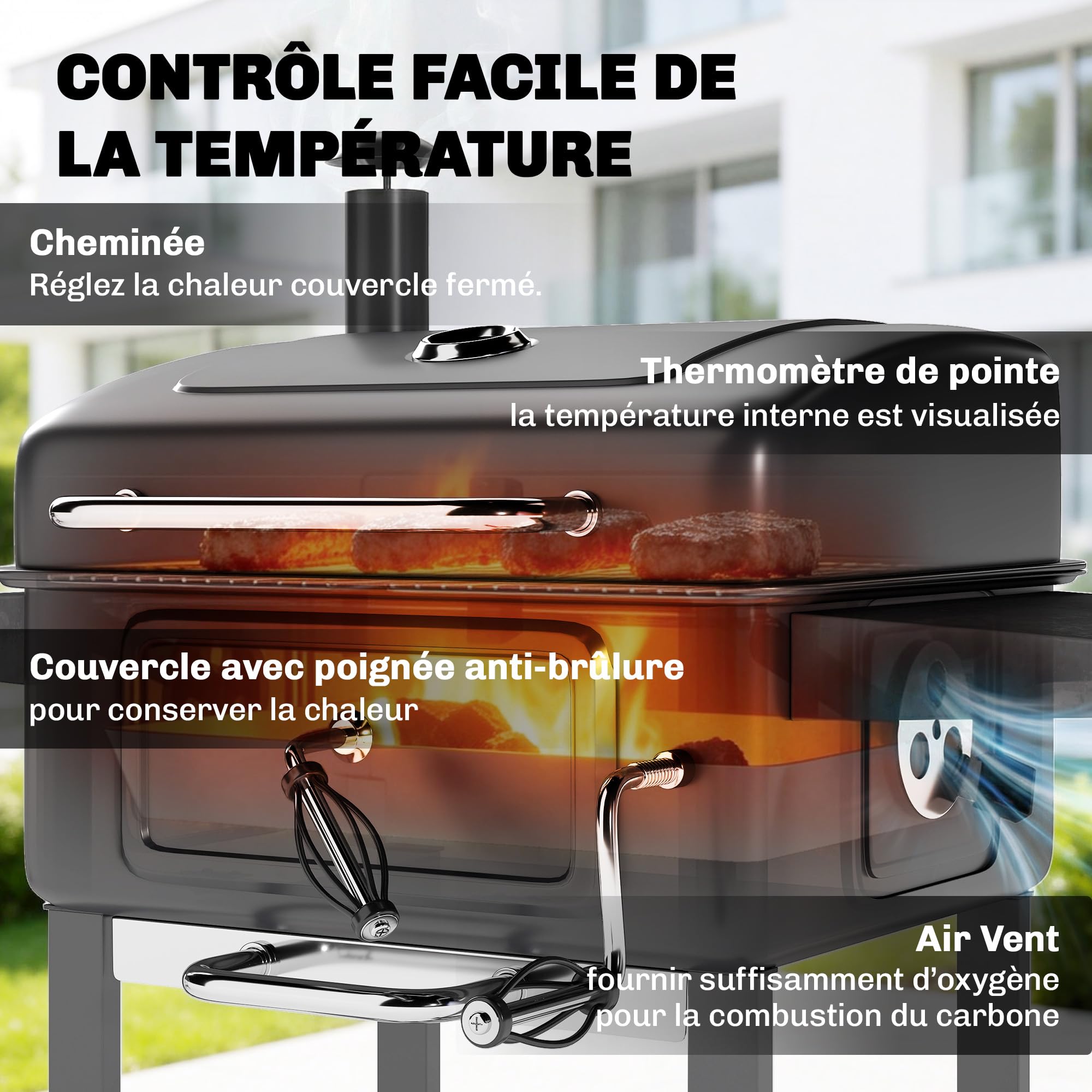Outsunny Barbecue Charbon de Bois Bac à Charbon Réglable Fumoir Noir | Chariot Grill de Jardin, Grille de Maintien au Chaud, Tablettes Latérales, Cheminée, Aérations, Roues, Thermomètre