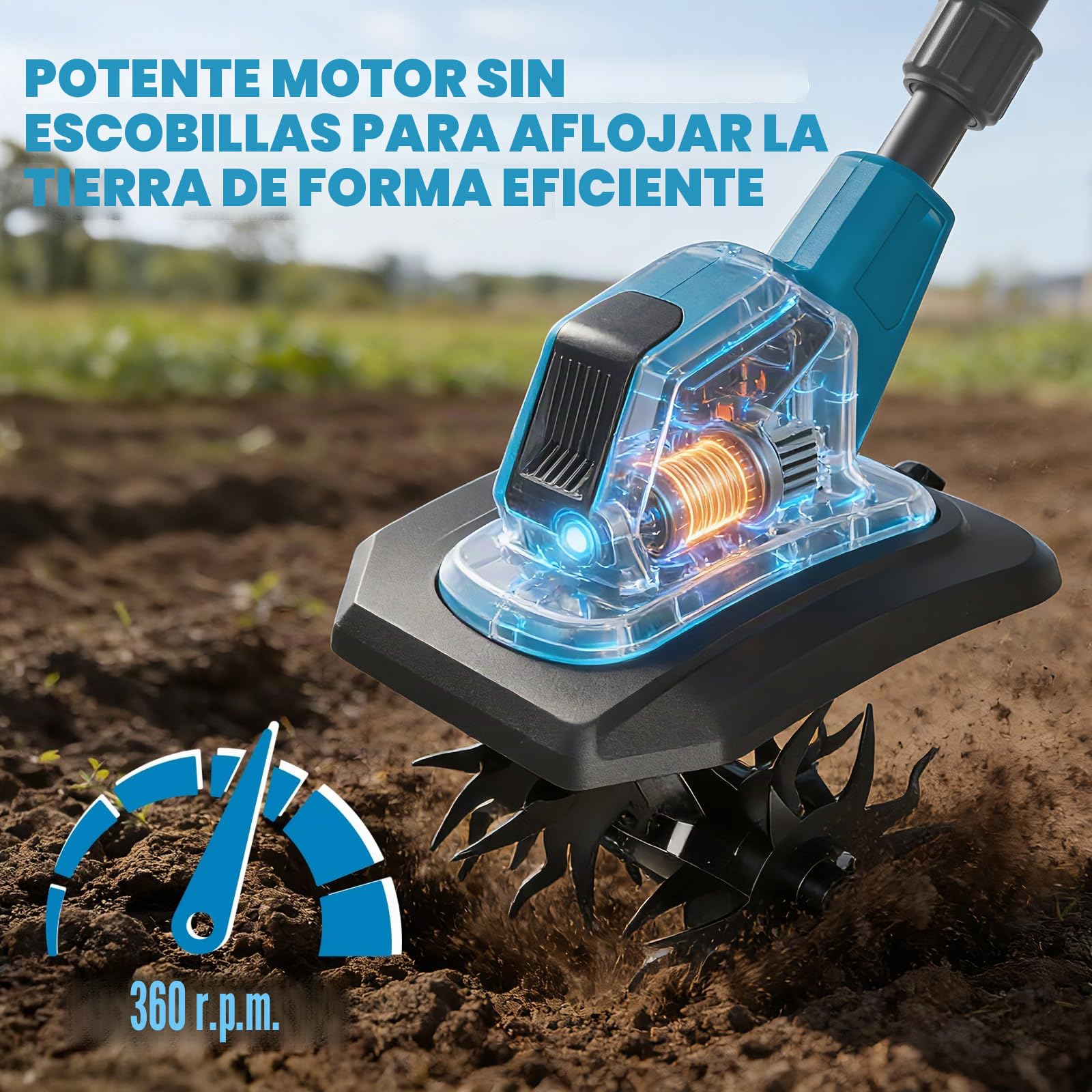 Motoazada Eléctrica Cultivador 2 en 1 con Batería, Micro Rotavator Portátil para Hogar y Jardín, Profundidad Ajustable 17cm, Ancho de Trabajo 23cm, Interruptor de Seguridad