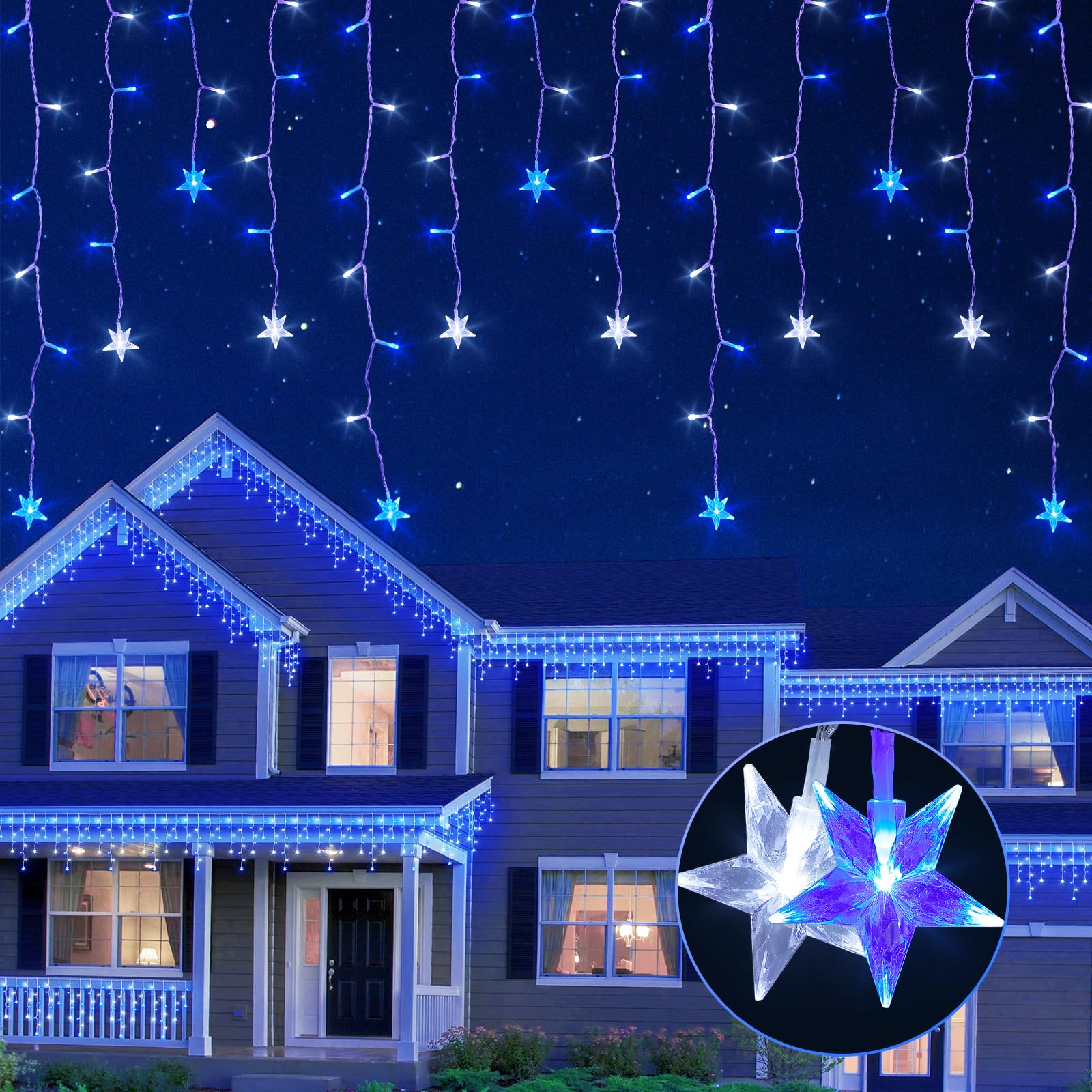 oopswow Icicle Lights Outdoor,16.5FT 200 LED Curtain Fairy Lights,40 Drops 8 Modes with Timer Icicle Star Lights,Hanging Led String Lights for Backdrop,Wedding,Party,Christmas Decorations,Blue&White
