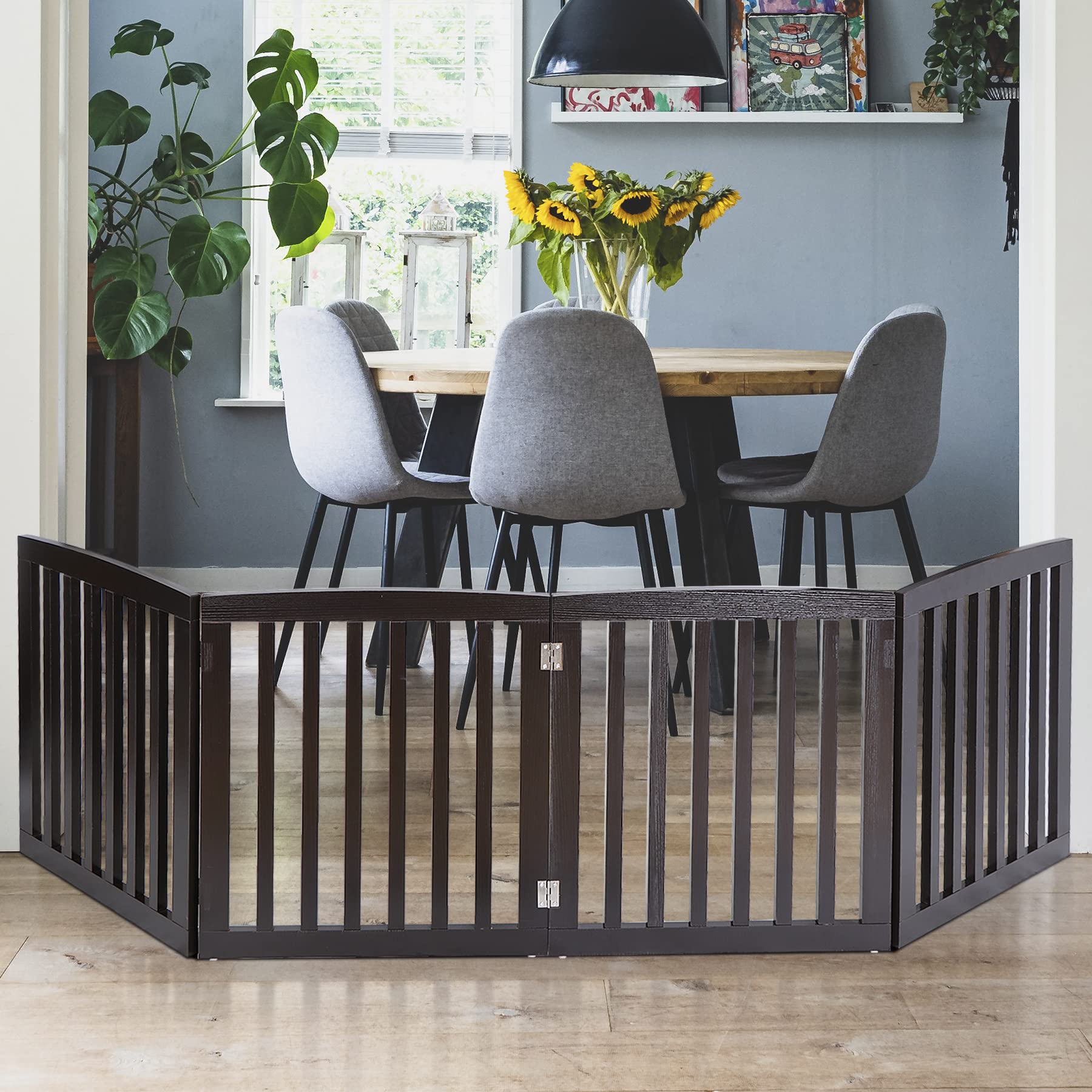 Dog Gate Pet Gate Indoor for Stairs Doorways 82x24 Inch 4 Panels Dog Fence Extra Wide Wooden Black