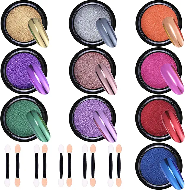 Duufin 10-Color Chrome Nail Powder Set with Eyeshadow Sticks for Metallic Mirror Effect