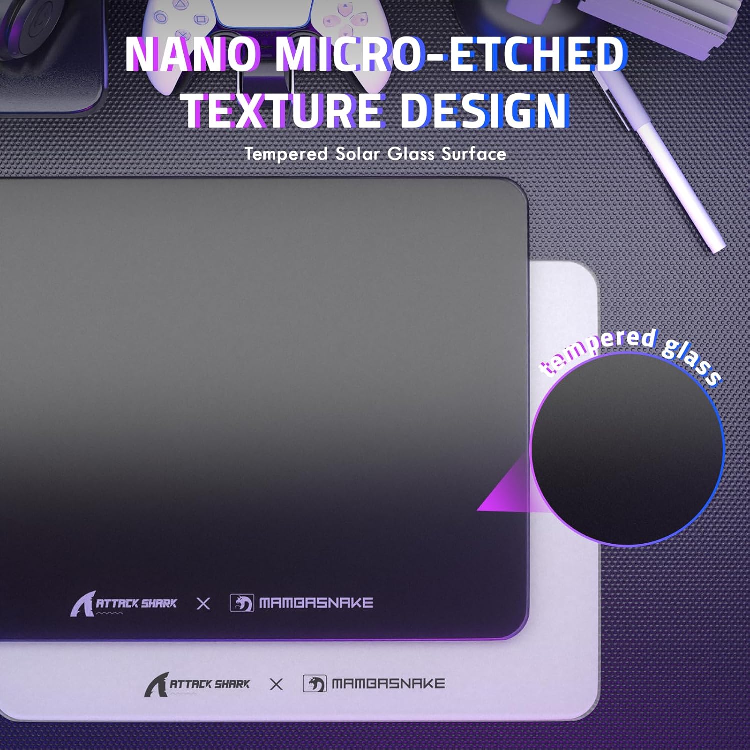 ATTACK SHARK CM05SE Tempered Glass Mouse Pad, 9H Hardness Anti-Scratch, Nano Etched Ultra-Smooth Surface, Non-Slip PU Base, High Accuracy, Fast-Moving, 410×310×5mm for FPS Esports/Office - Black