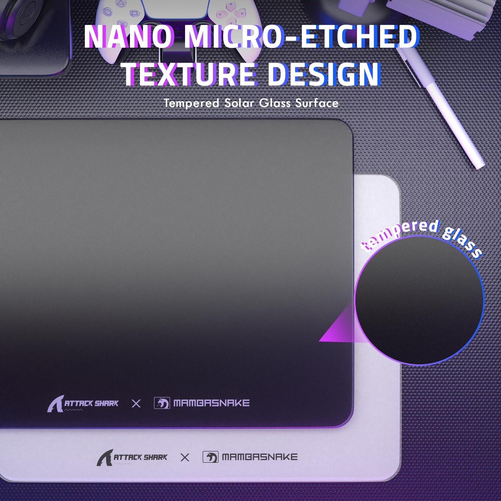 ATTACK SHARK CM05SE Glas-Gaming-Mauspad für FPS und Esports, Nano-geätzte gehärtete Glasoberfläche, ultraglatt, reibungsarmes hartes Mauspad, wasserdicht, großes Schreibtisch-Mauspad für PC-Setup