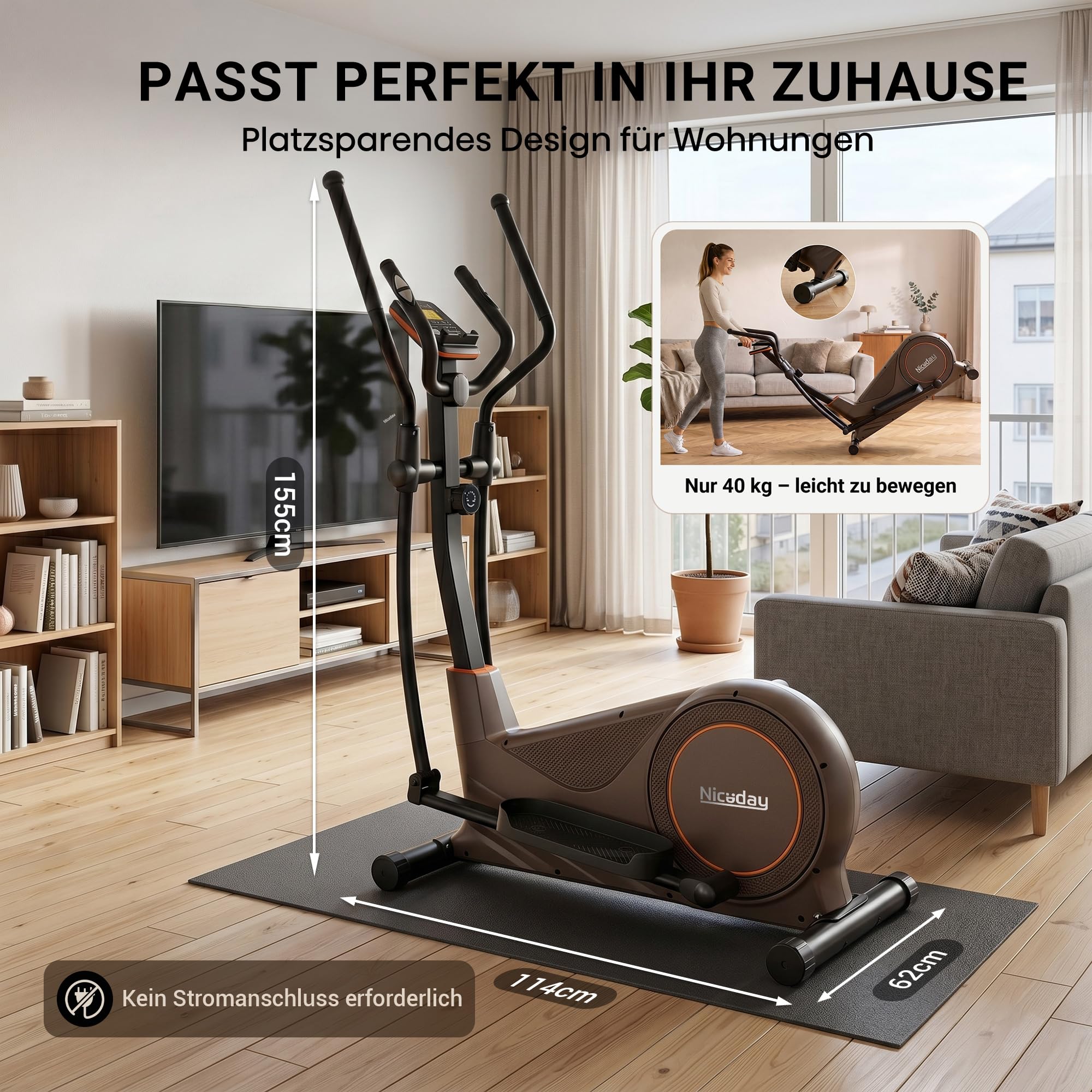 Ellipsentrainer mit 51 cm Schrittlänge, Crosstrainer für Zuhause, 32 Magnet-Widerständen und 20-stufiger Power-Incline (Black+Gold)