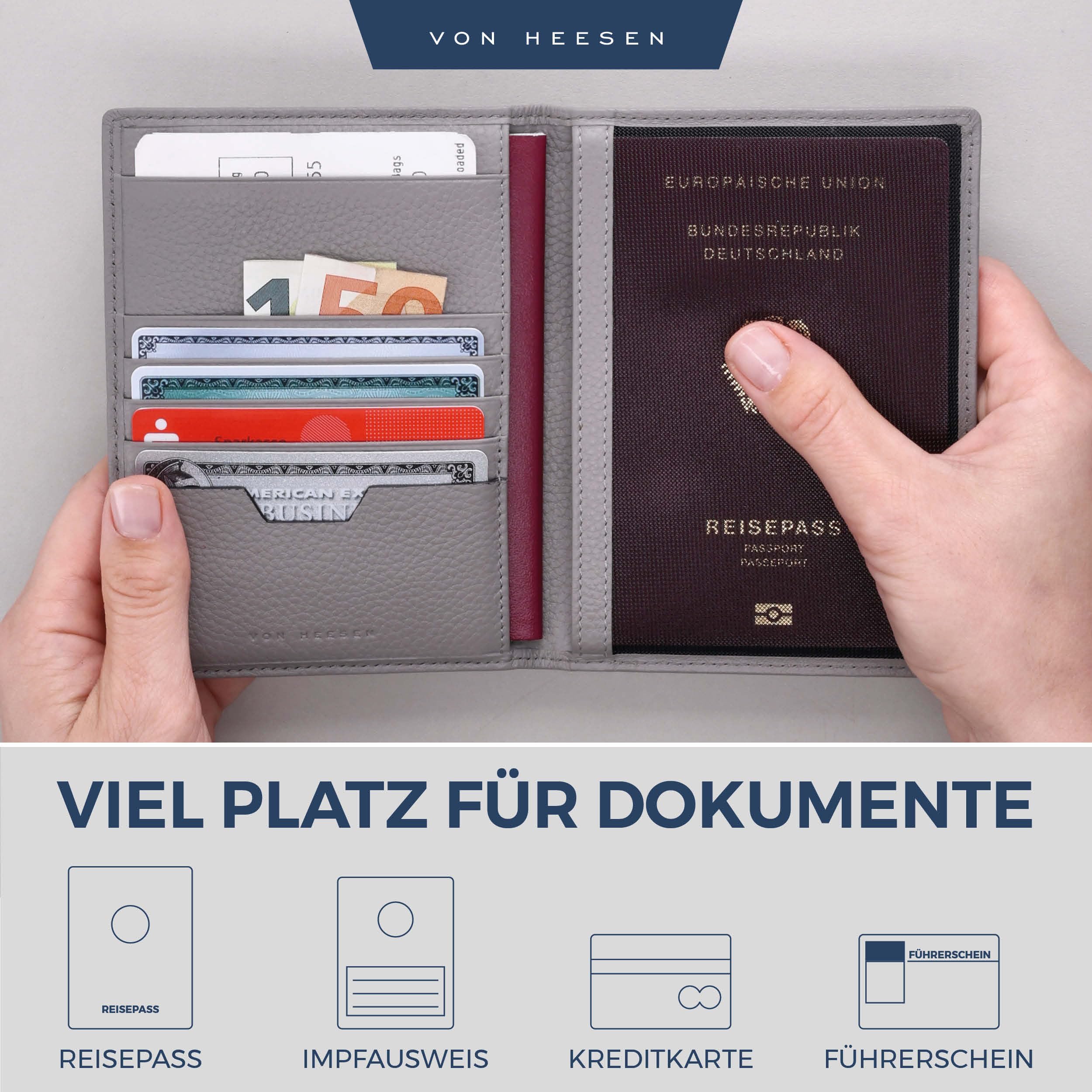 VON HEESEN Funda de piel para pasaporte con protección RFID para hombre y mujer, gris, Funda para pasaporte
