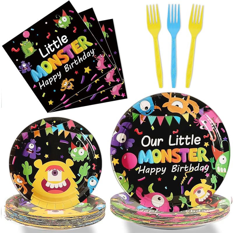 Monster Plates and Napkins Party Supplies Kit - 96 Pcs Tableware Set for Boy or Girl Birthday, Baby Shower - Serves 24