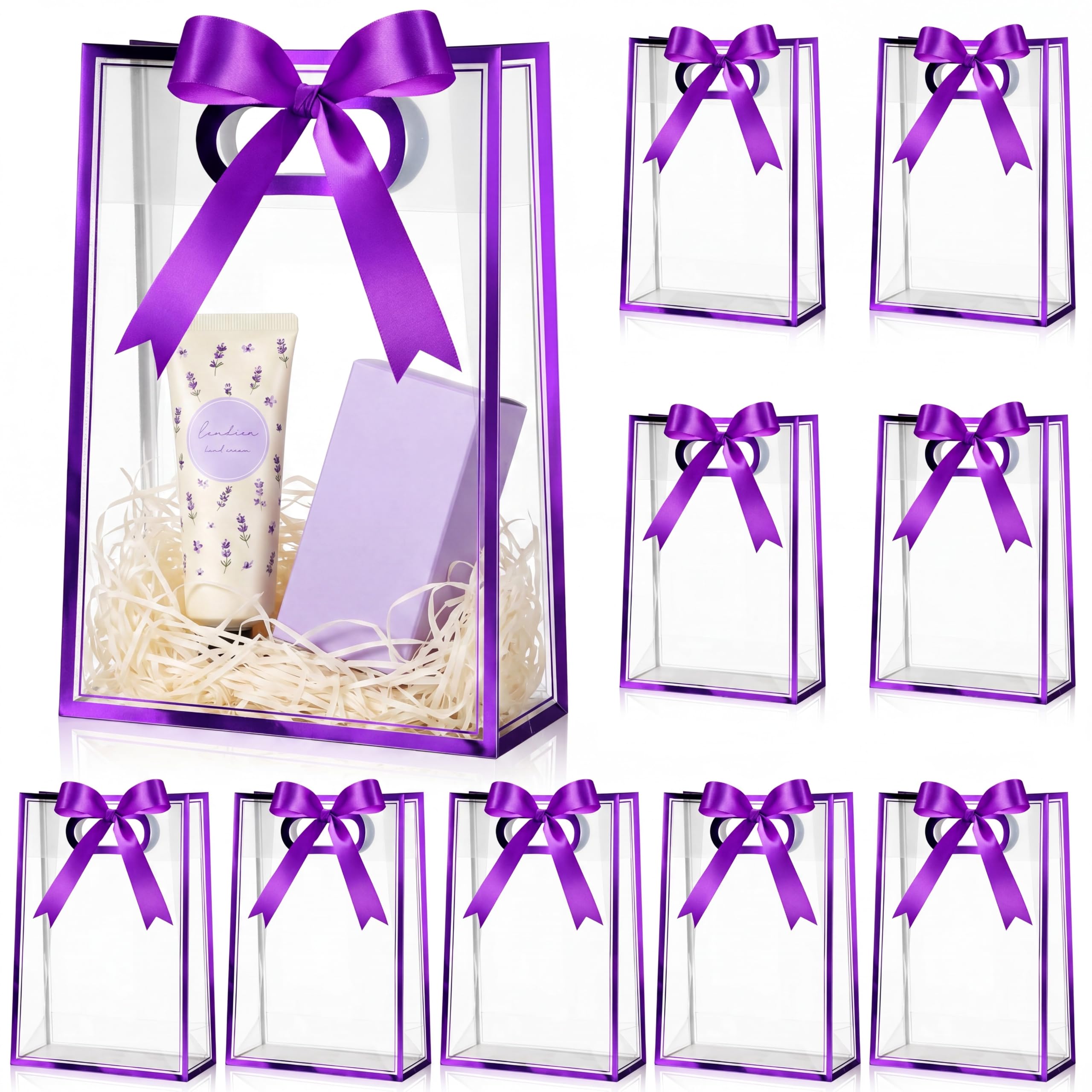 Aliceset 12 Pcs Clear Plastic Gift Bag with Die Cut Handle Reusable PP Favor Bag with Ribbon for Graduation Wedding Bridal Birthday Baby Shower Party Small Business,10x7x3.15in (Purple Foil) — image 1