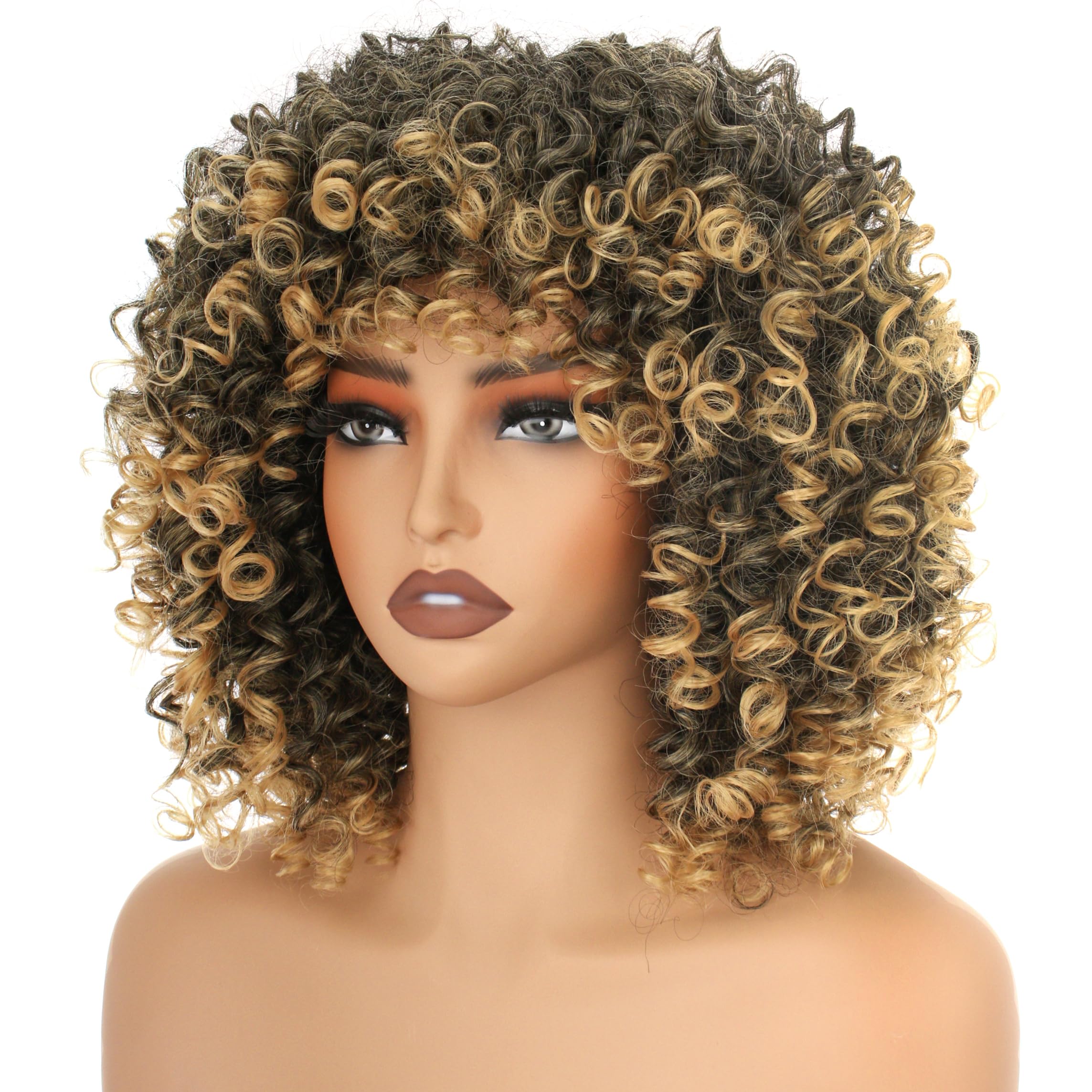 PORSMEER Parrucca afro riccia Ombre biondo capelli sintetici naturali con frangia per le donne lunghezza delle spalle Afro Kinky Curly Bob Wig Volume per donne nere,14 pollici nero mix biondo