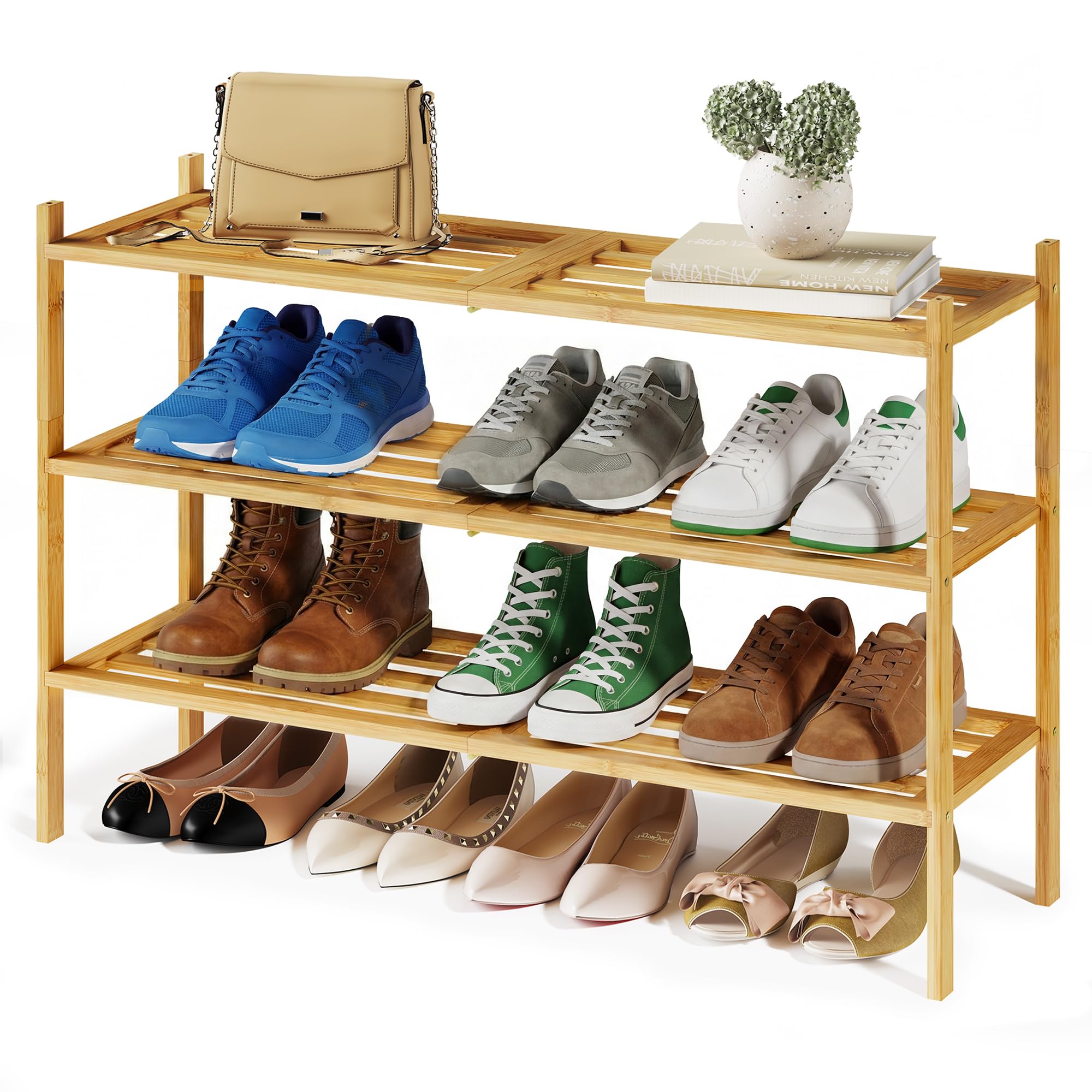 SONGMICS Zapatero de Bambú, 3 Niveles, Apilable, Estrecho, Estantería para Entrada, Salón, Dormitorio, Garaje, para 12-16 Pares de Zapatos, 25 x 70 x 51,5 cm, Natural LBS053YL01
