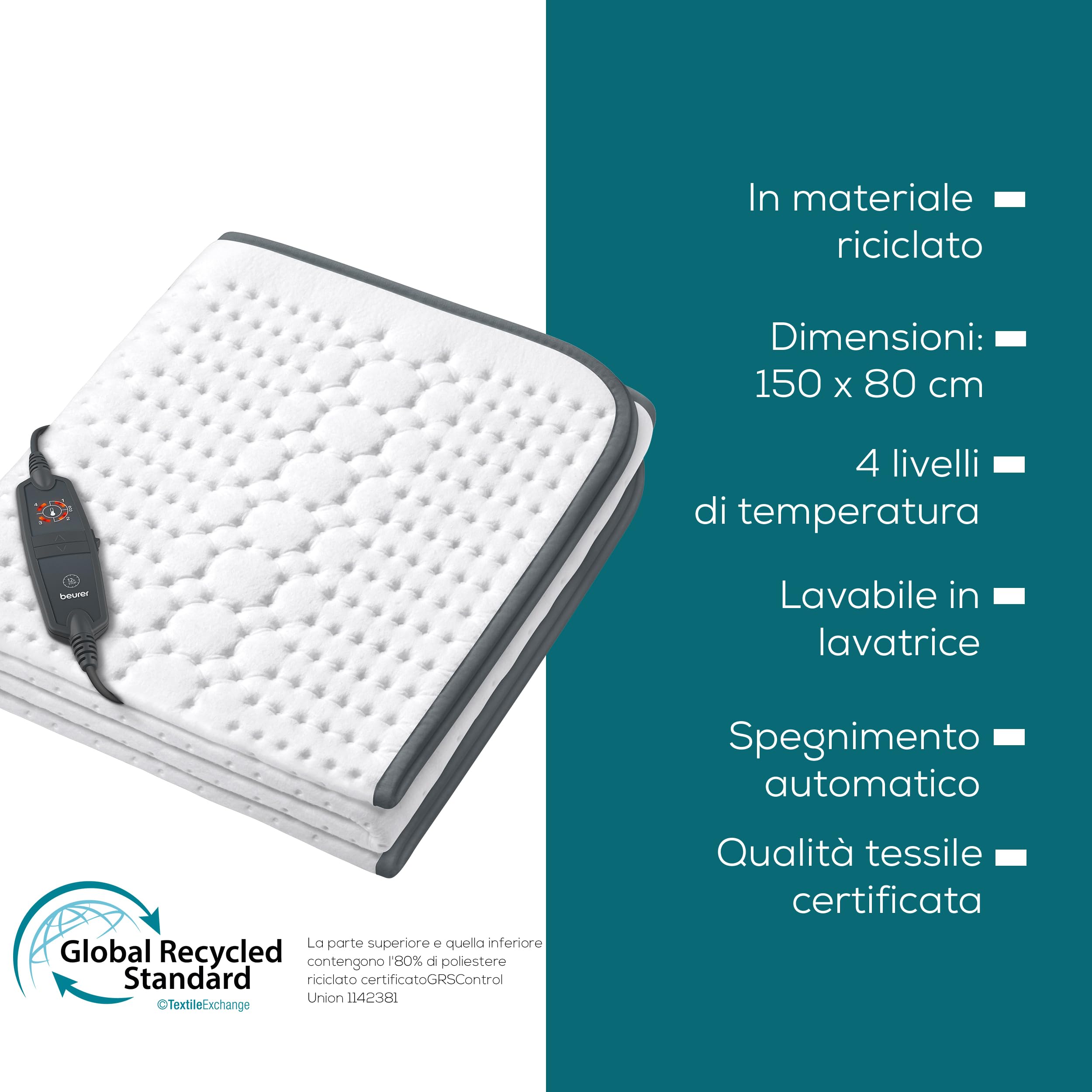 Beurer Scaldaletto UB 60 Coprimaterasso termico in materiale riciclato, 4 livelli di temperatura di cui 2 livelli ECO e dispositivo di riduzione automatica