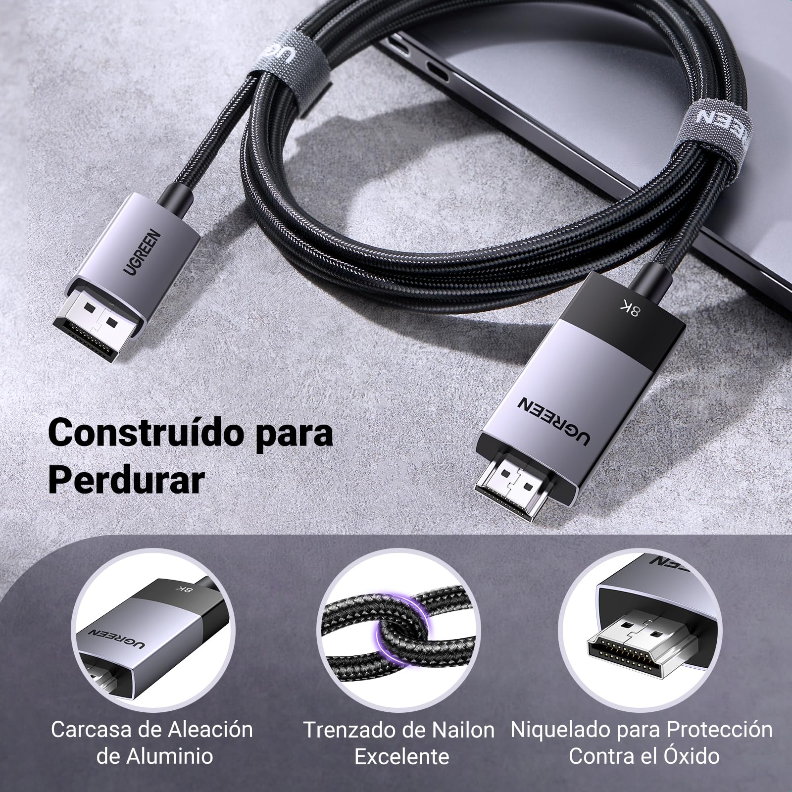 UGREEN Cable DisplayPort 1.4 a HDMI 2.1 Unidireccional 8K 60Hz 4K 240Hz HDR HDCP Nylon Trenzado Compatible con PC TV Proyector Monitor, 2M