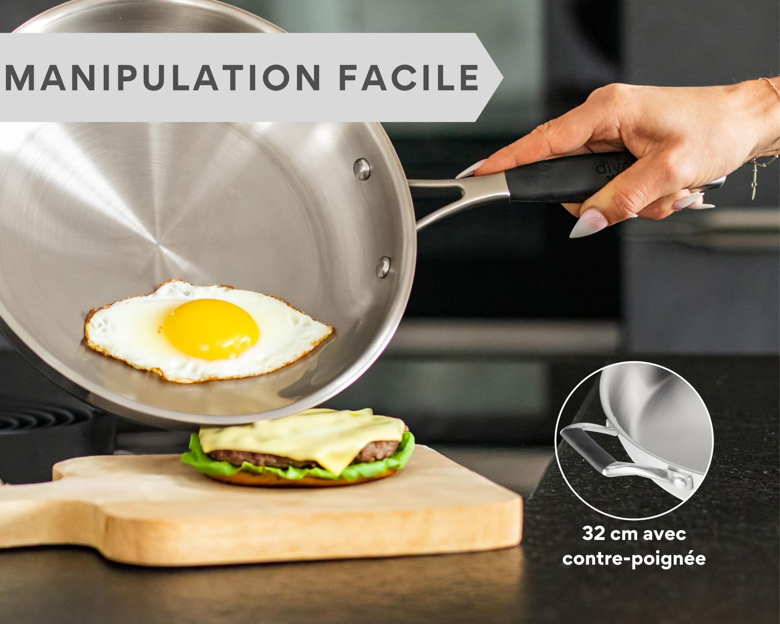 DIVORY Poêle en inox 32 cm – Sans revêtement, sans PTFE & PFOA, pour induction, grande poêle en acier inoxydable (PURA, 32 cm)