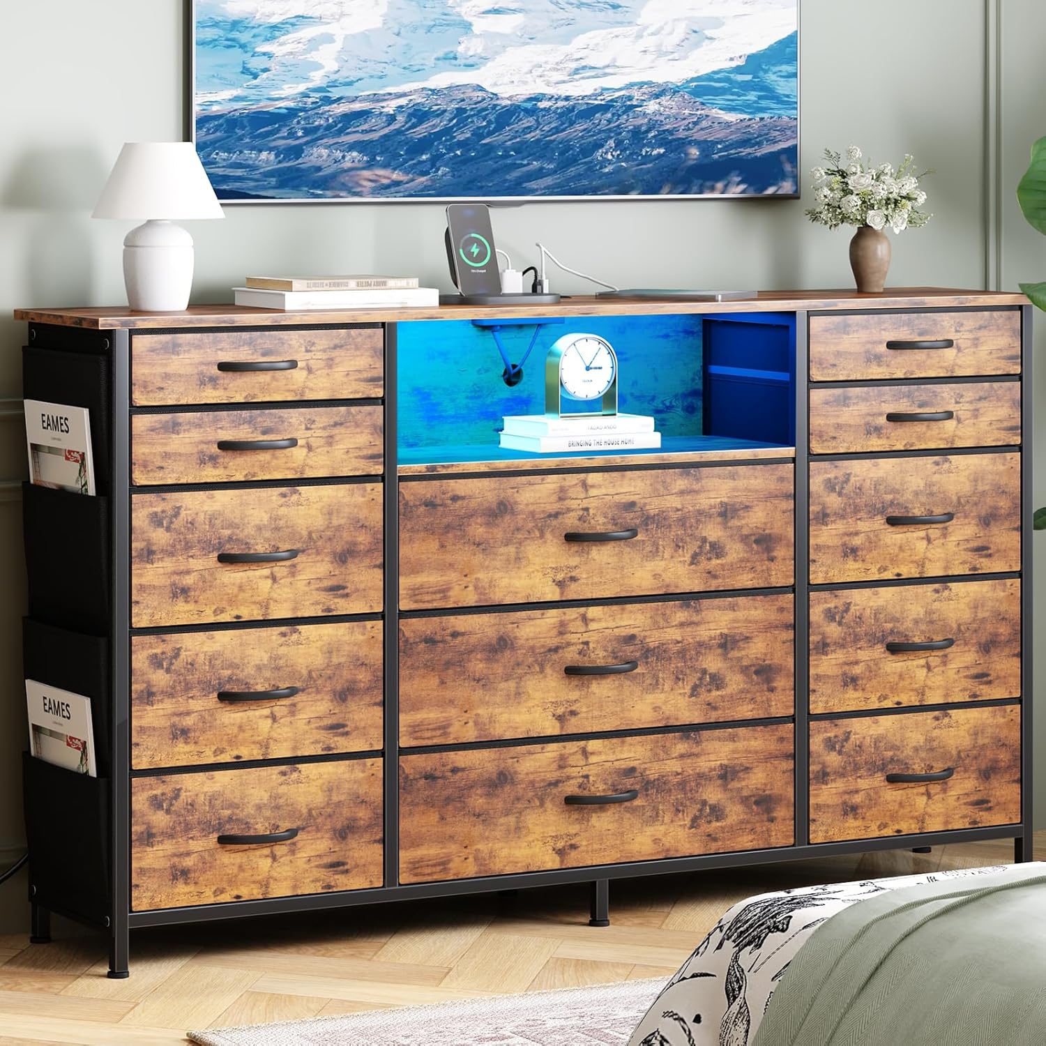 HCHQHS 47 Inch Dresser for Bedroom with 13 Drawers,Side Pockets Hooks and Lights with Remote Control,Hallway,Closet,Kitchen,Large TV Stand (Rustic Brown)