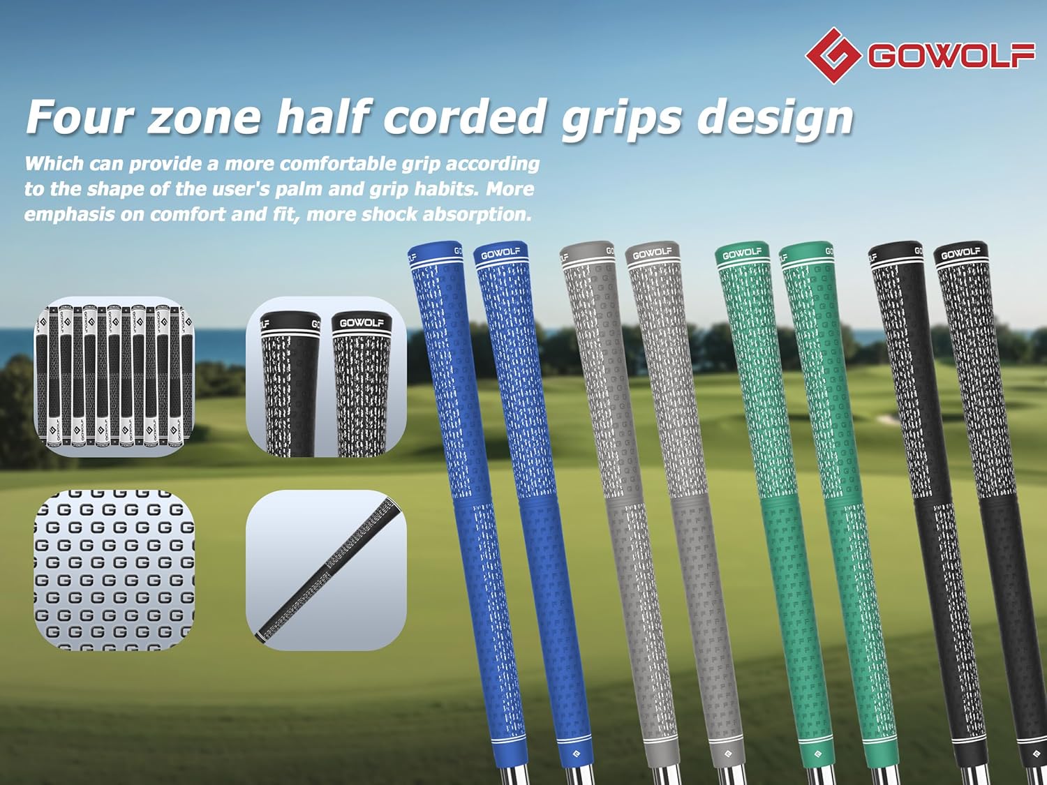 Gowolf Golf Grips 4 Zones Dual-Layer Cotton Wire Grip for Supreme Comfort & Control-Golf Club Grips Replacement for Regripping Wedges Drivers Irons Woods Hybrids, Midsize/Standard