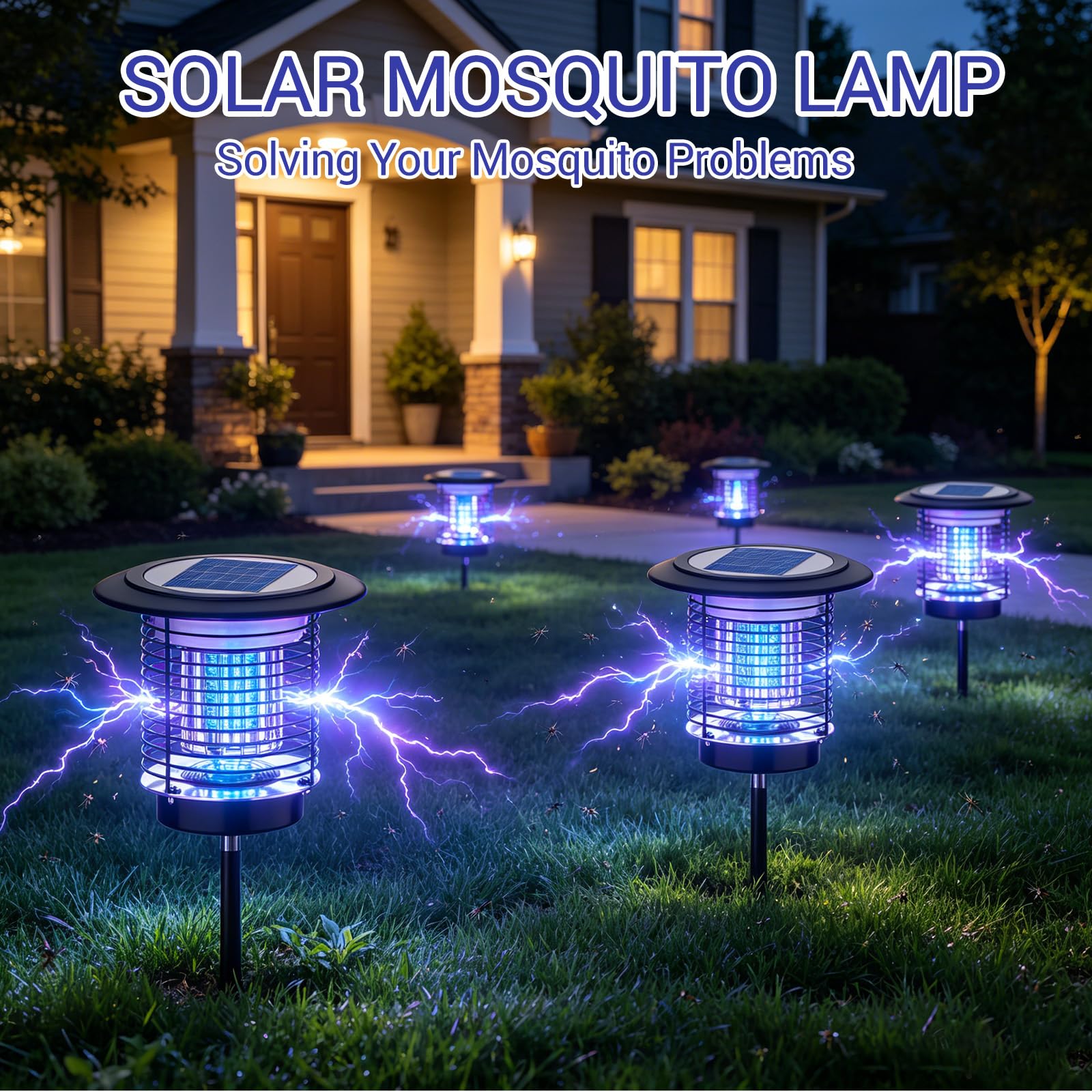 Lámpara solar antimosquitos 2 en 1 – 3500 V de alto voltaje, batería de 4400 mAh, cobertura de 150 ㎡ – IPX5 resistente al agua y luz UV – matainsectos eficaz con iluminación de jardín – para patio