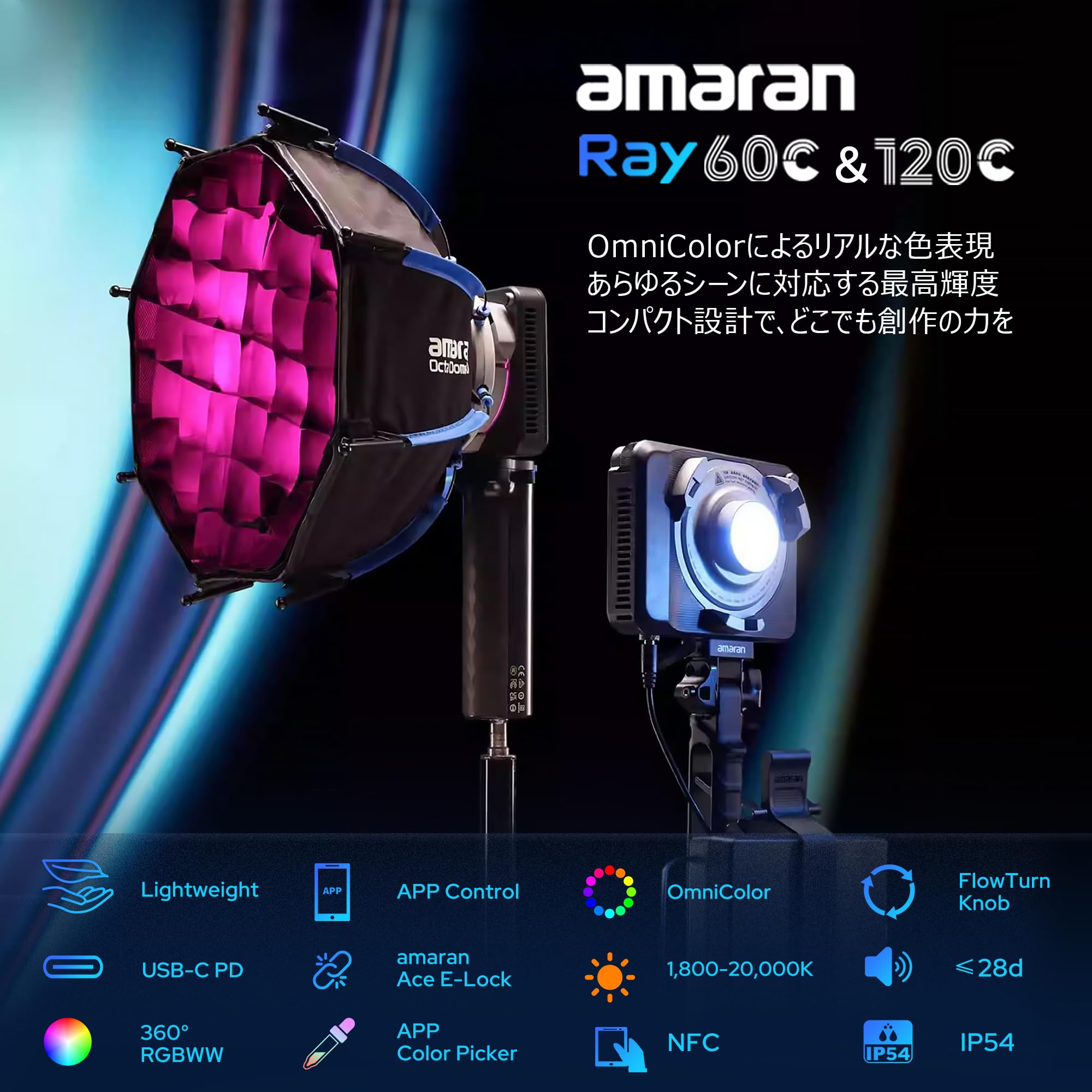 Amazon | Aputure Amaran Ray 120c RGB ビデオライト、120W ポータブル