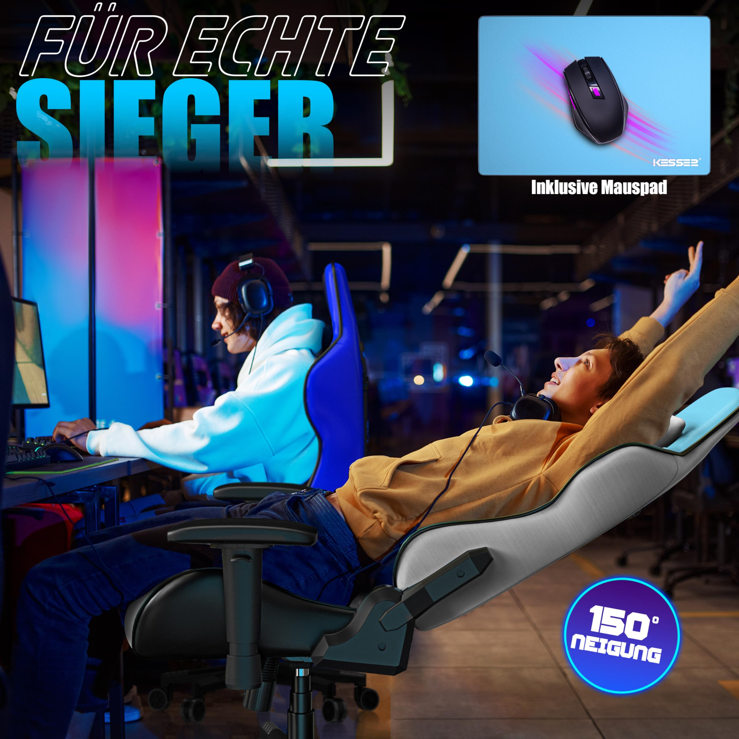 KESSER Sedia da gaming, ergonomica, da ufficio, con poggiatesta e cuscino lombare, portata 150 kg, bracciolo girevole a 360°, sedia da gioco e ruote in gomma